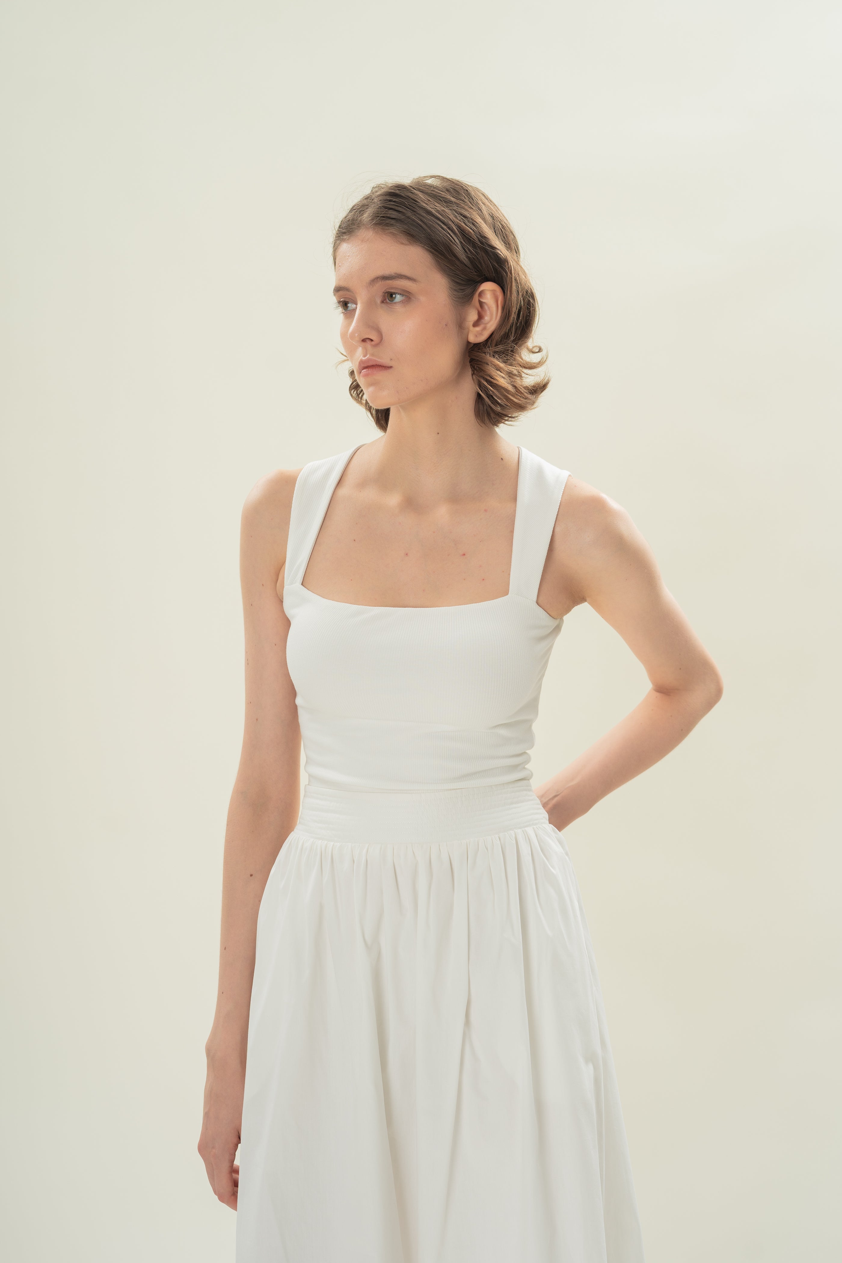Straight Neck Ribbed Tank in White