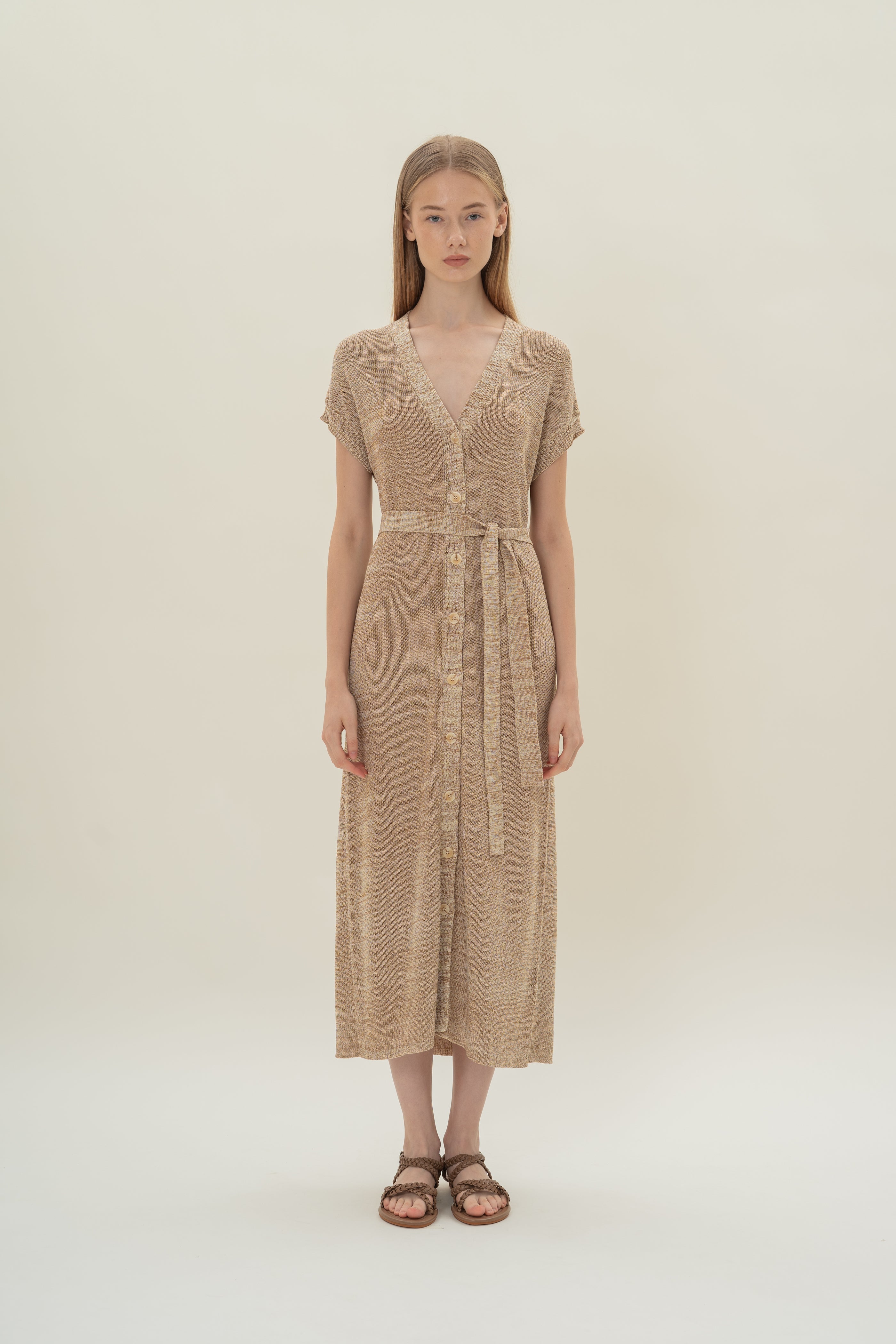 Button Front Melange Knit Dress in Sand Dunes