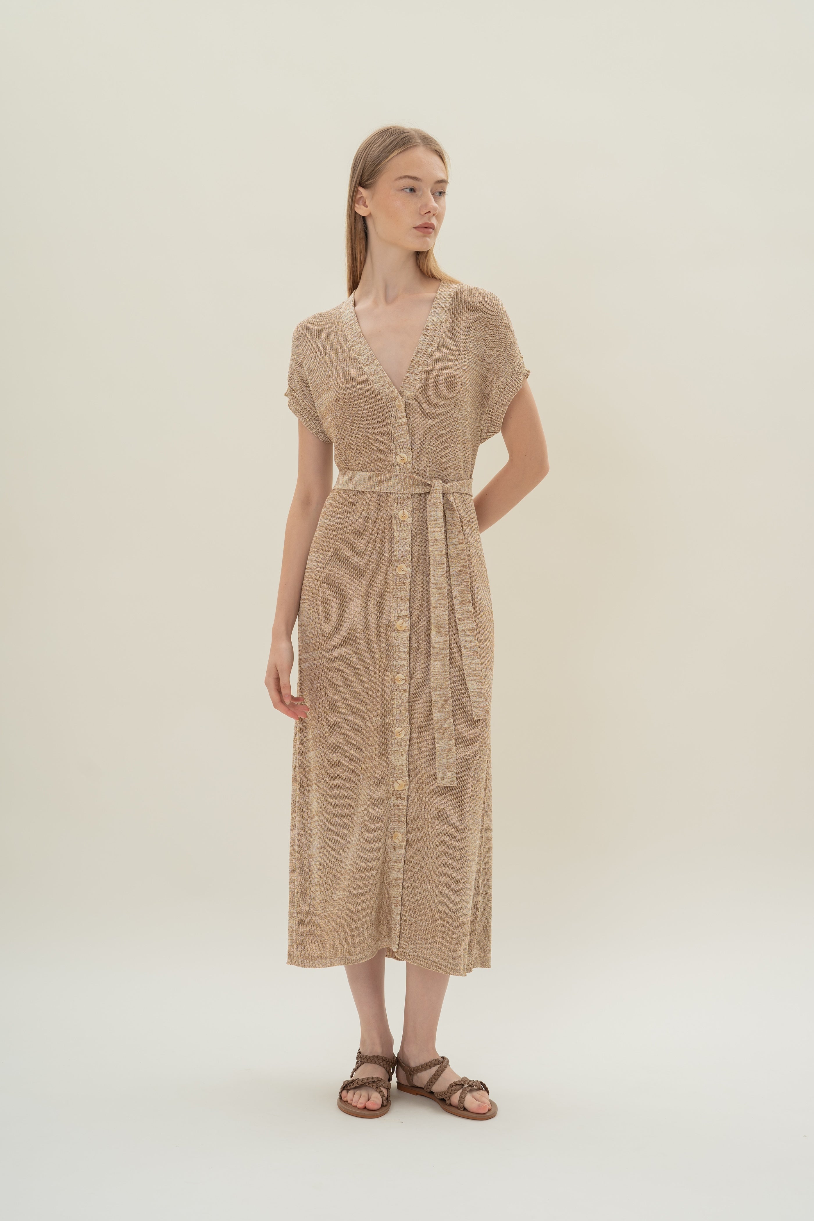 Button Front Melange Knit Dress in Sand Dunes
