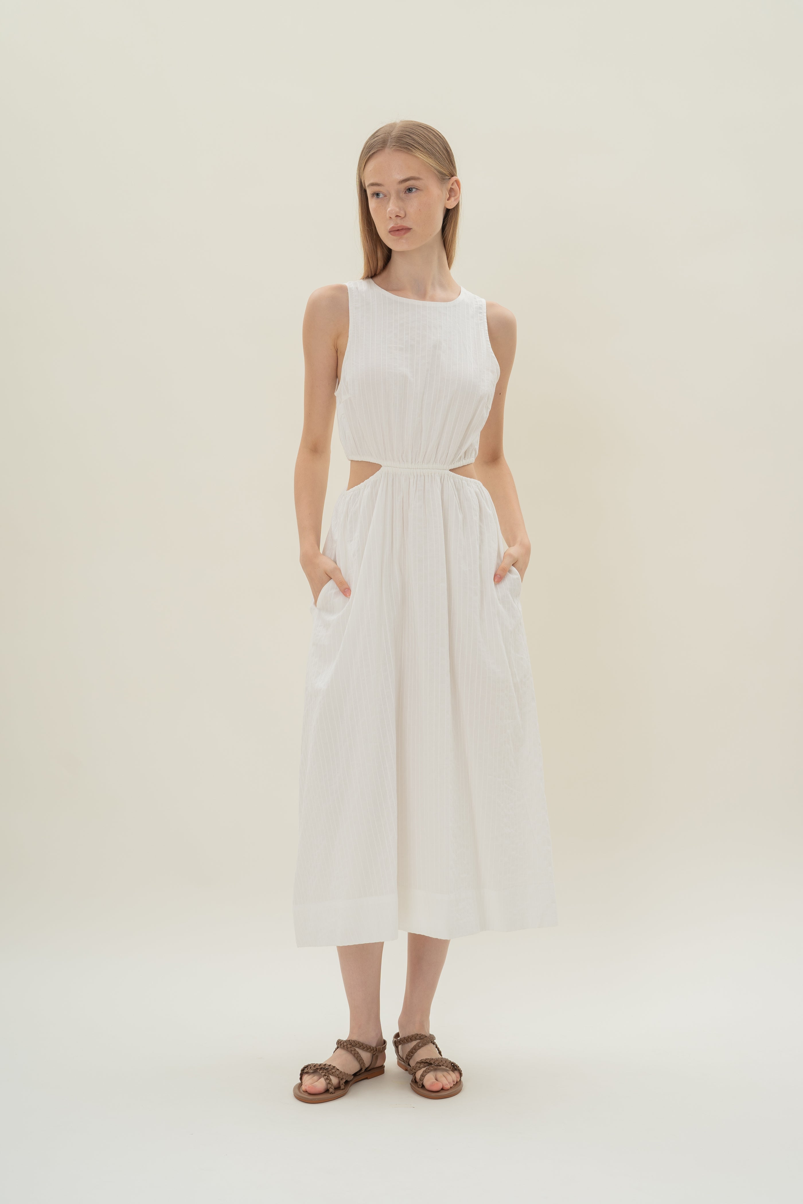 Cut-Out Midi Dress in White Stripes