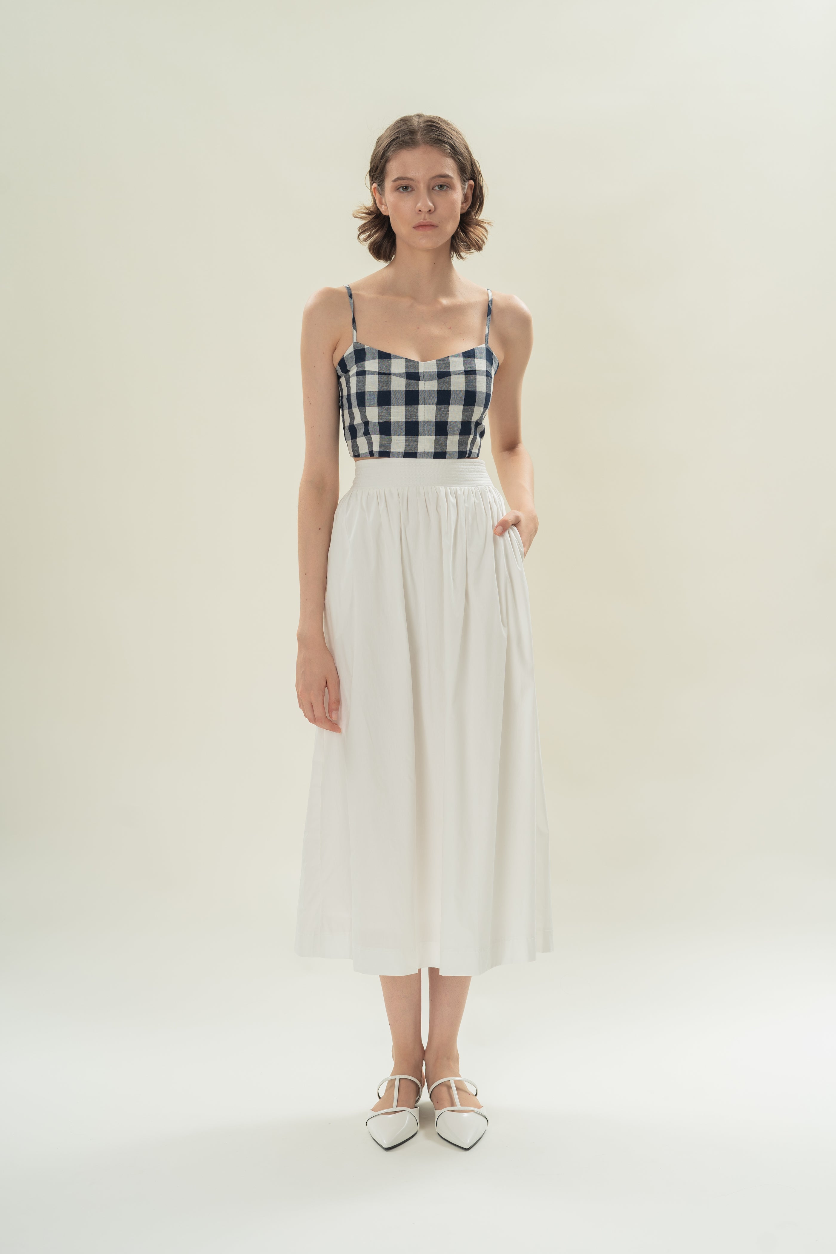 Stitched Waistband Gathered Midi Skirt in White