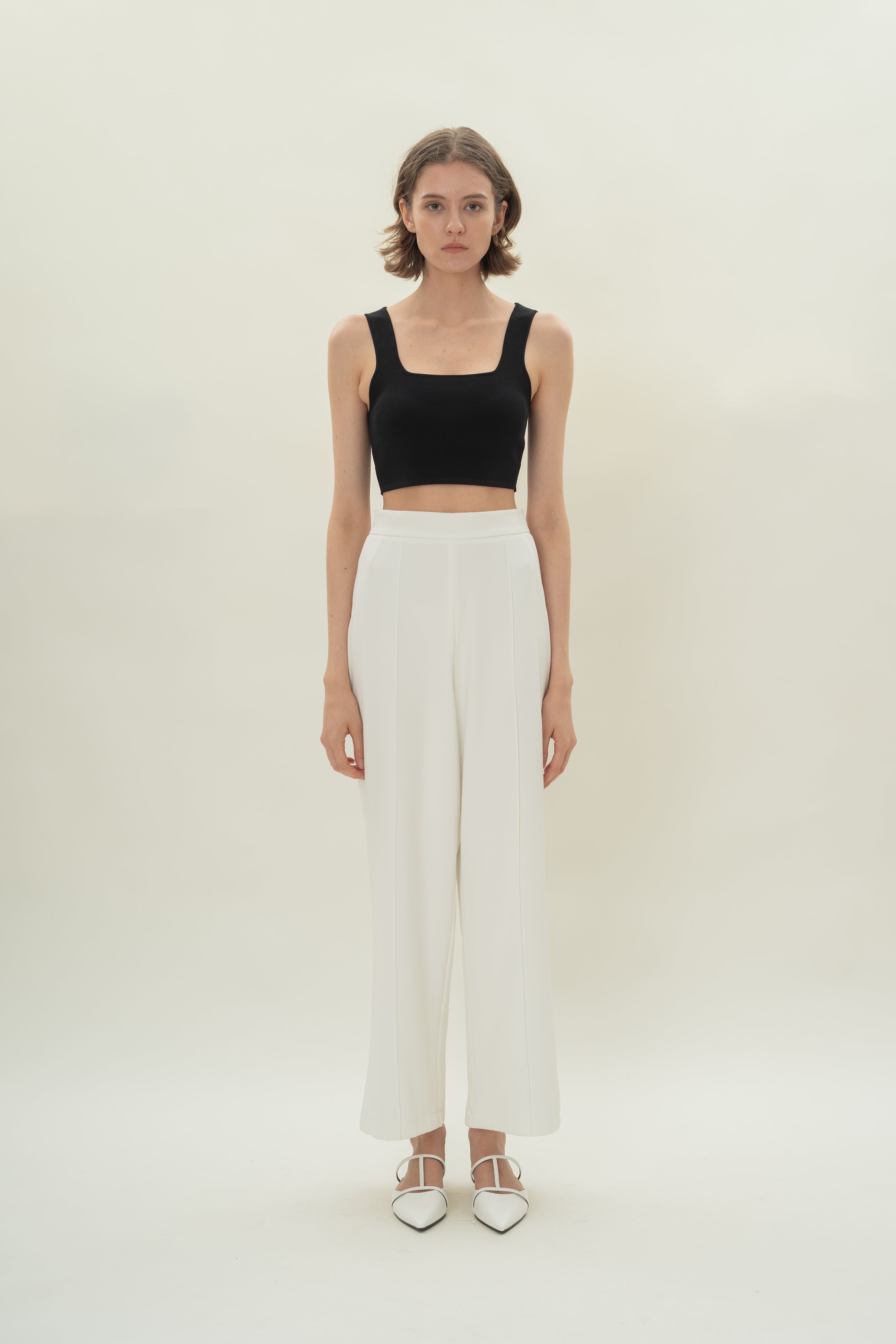 High Waisted Wide Legged Trousers w Foldlines in White