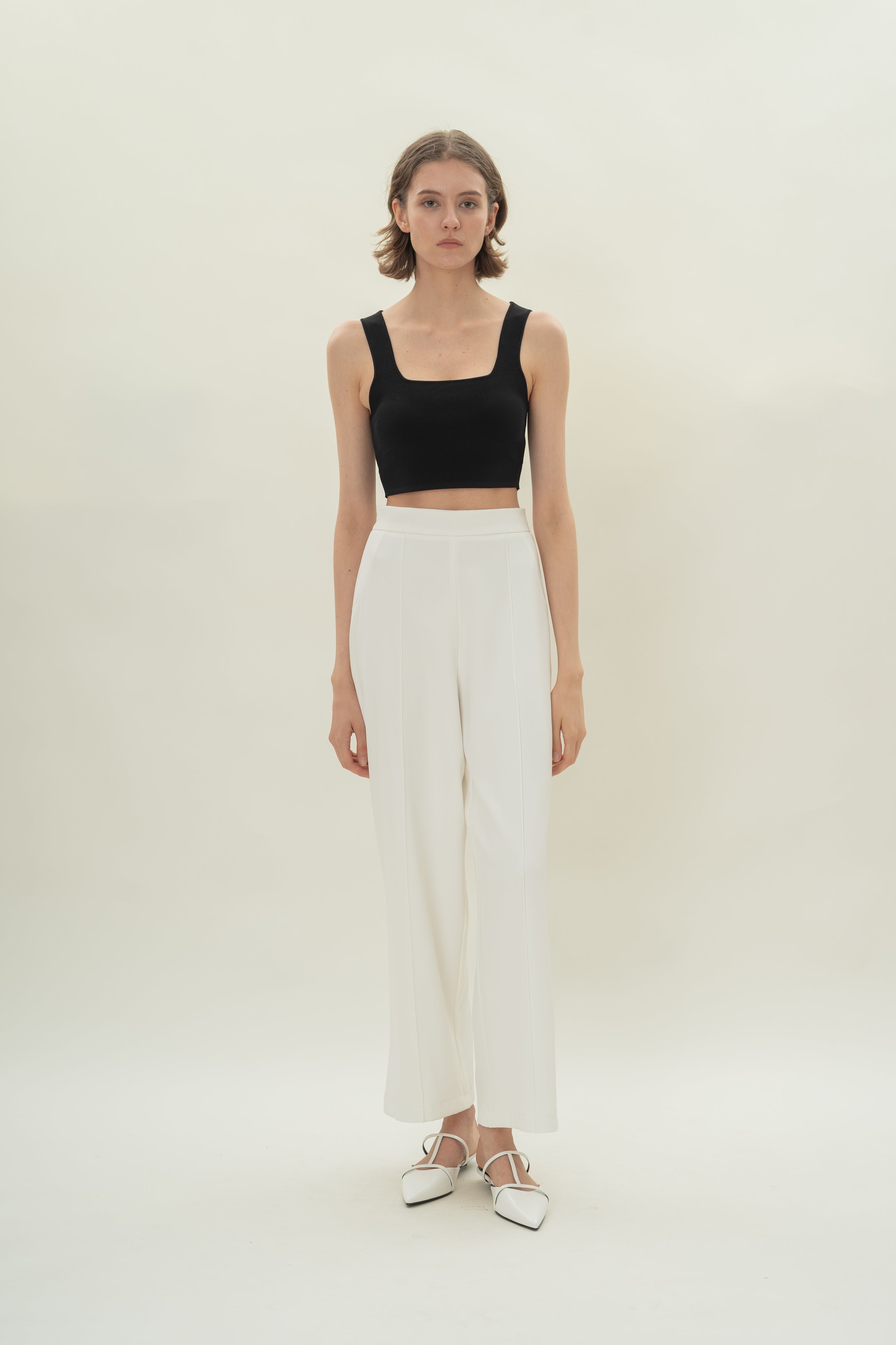 High Waisted Wide Legged Trousers w Foldlines in White