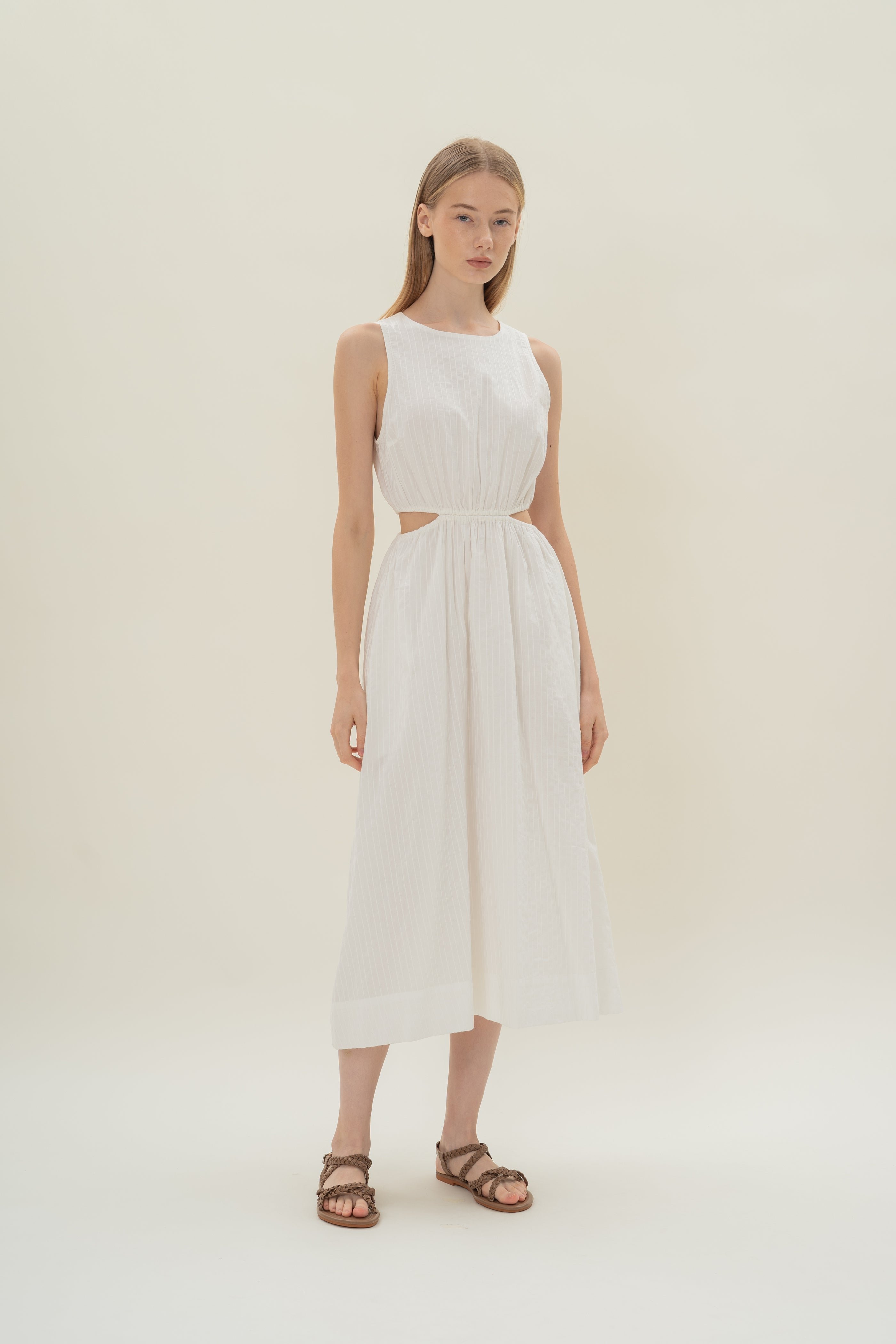 Cut-Out Midi Dress in White Stripes