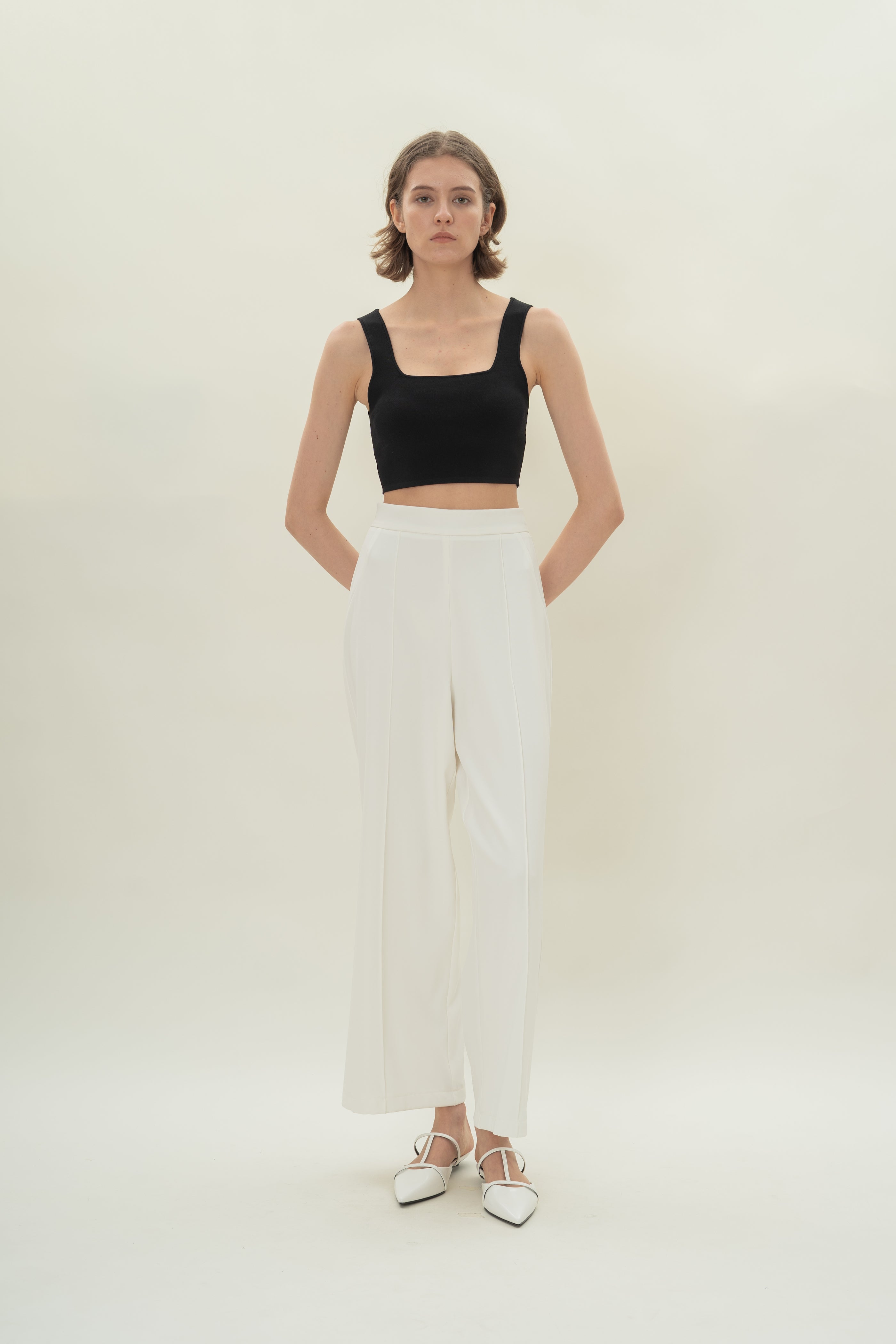 High Waisted Wide Legged Trousers w Foldlines in White