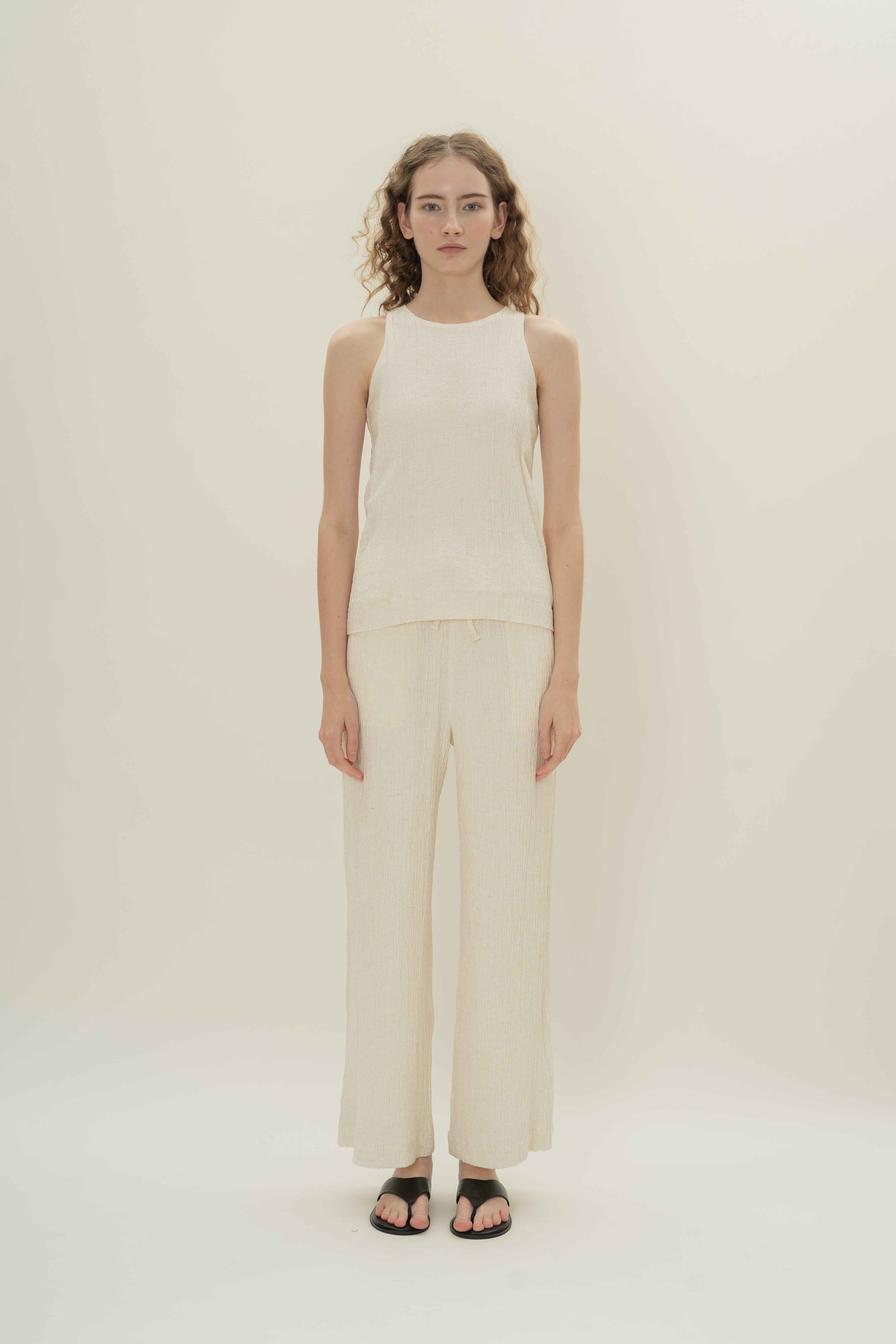 Cotton Blend Textured Drawstring Pants in White