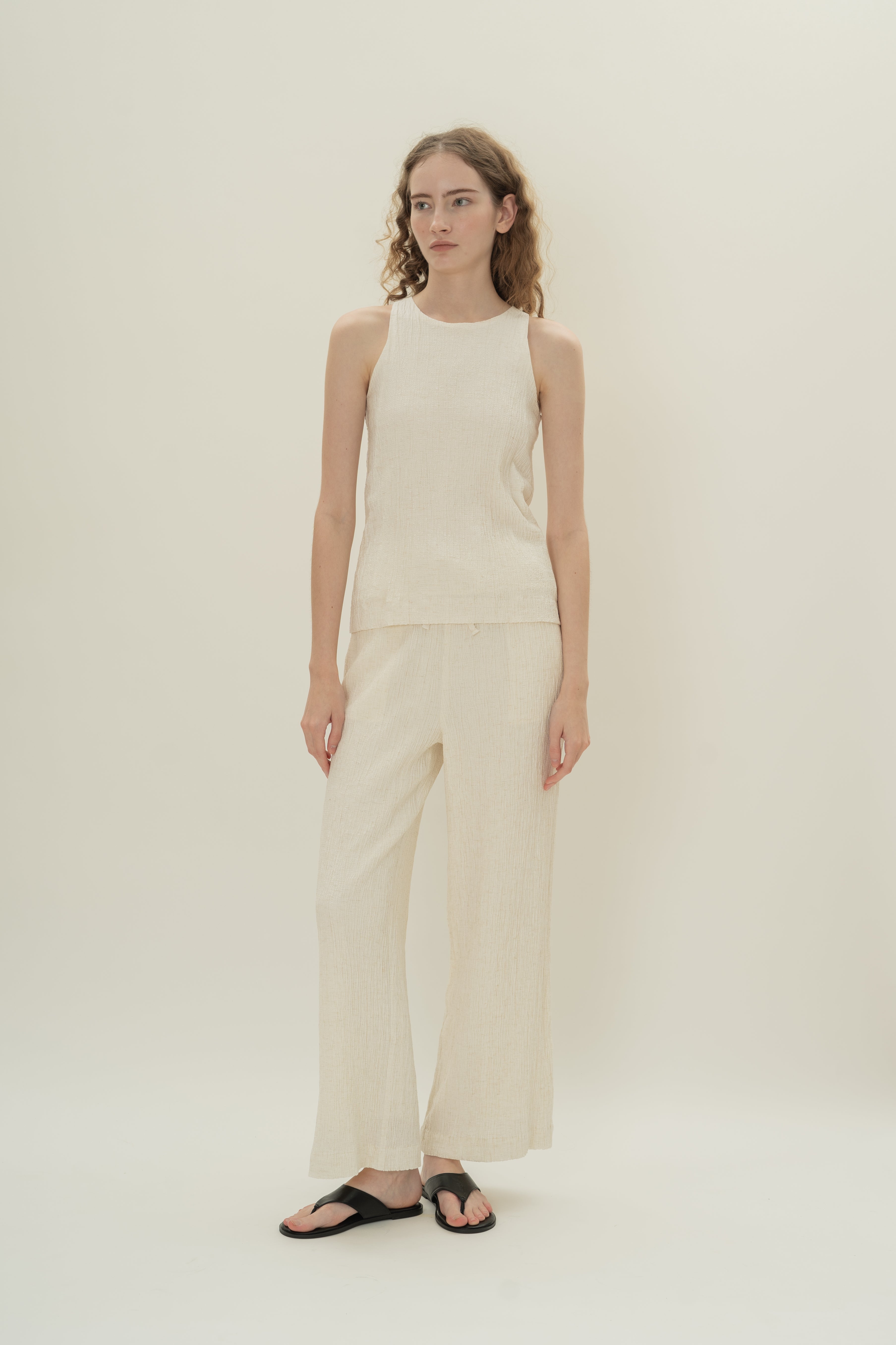 Cotton Blend Textured Drawstring Pants in White