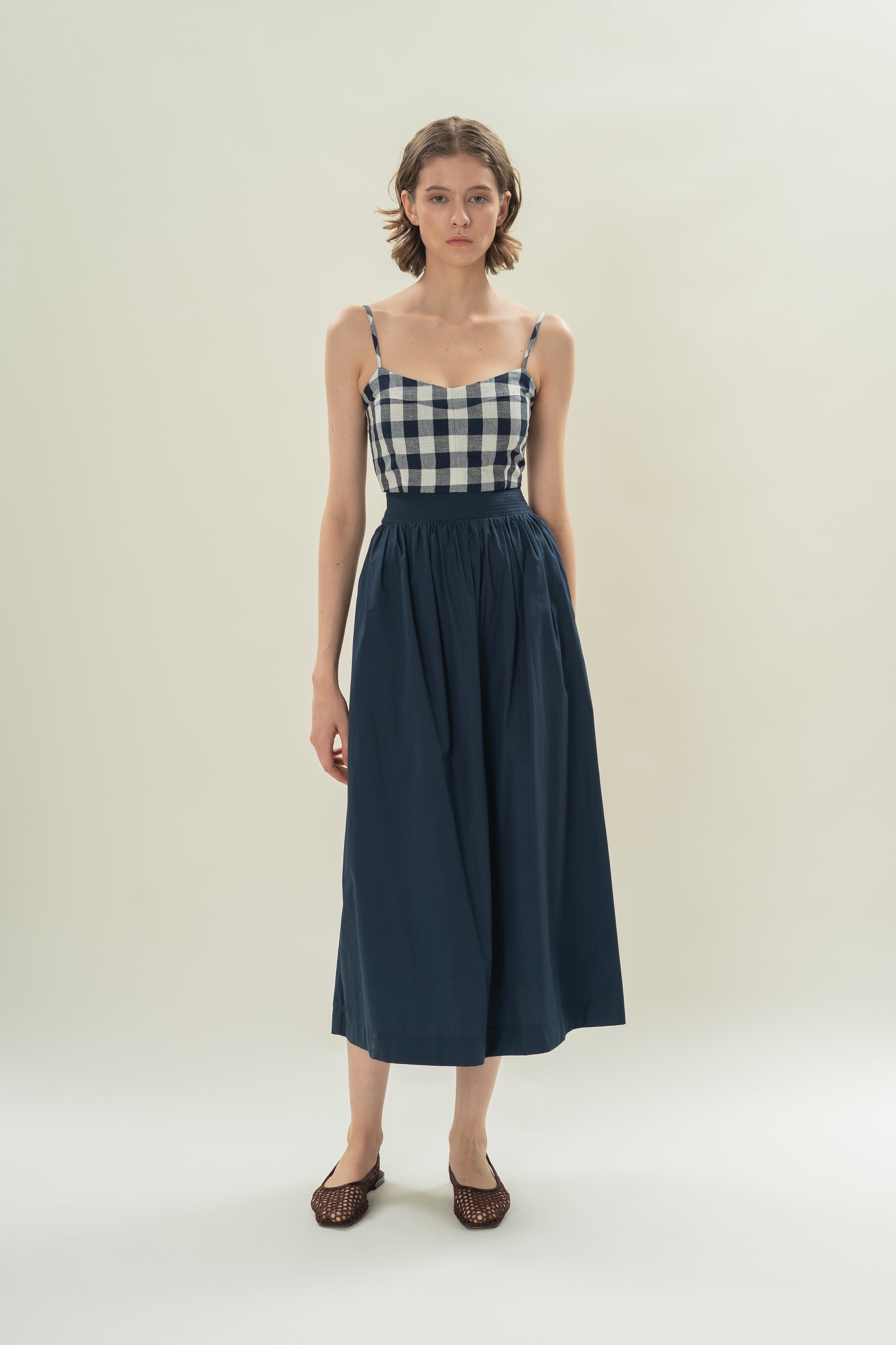 Stitched Waistband Gathered Midi Skirt in Midnight
