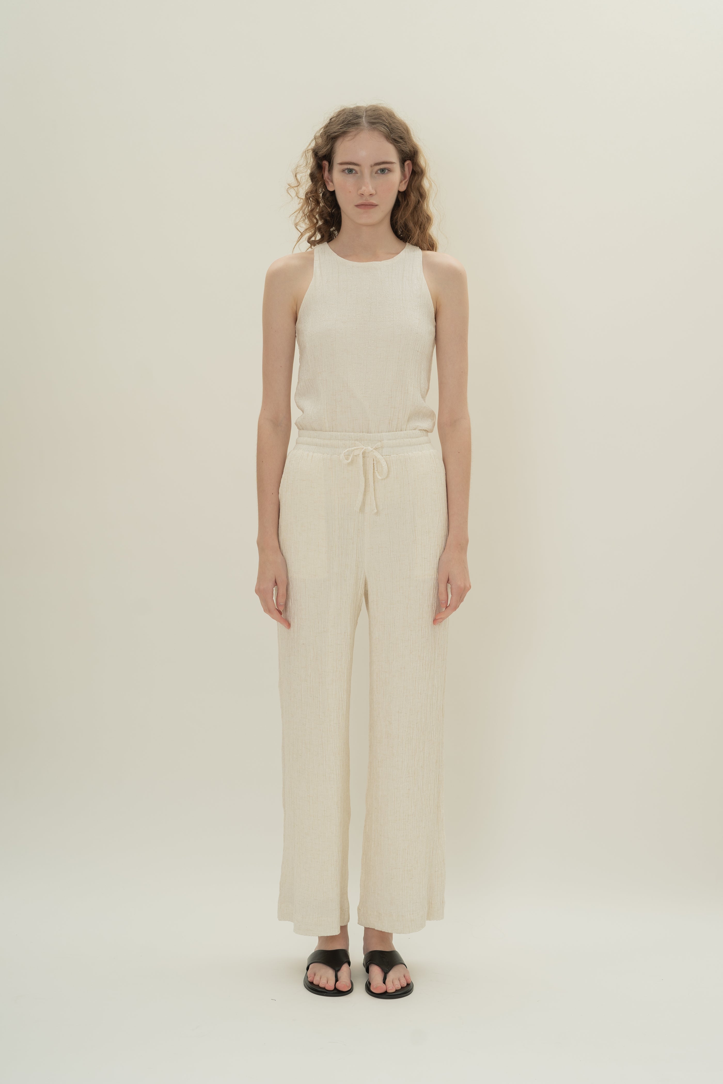 Cotton Blend Textured Drawstring Pants in White