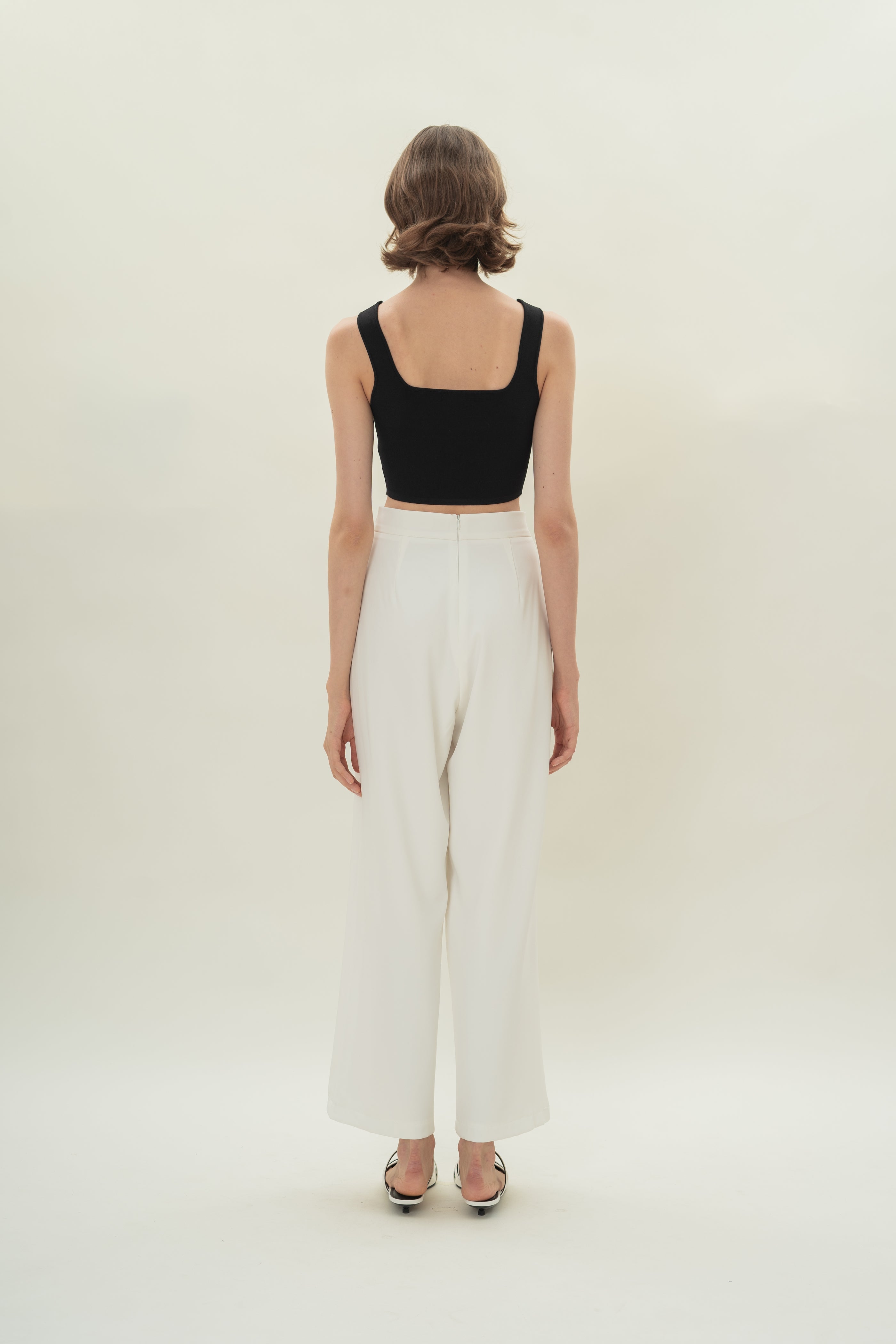 High Waisted Wide Legged Trousers w Foldlines in White