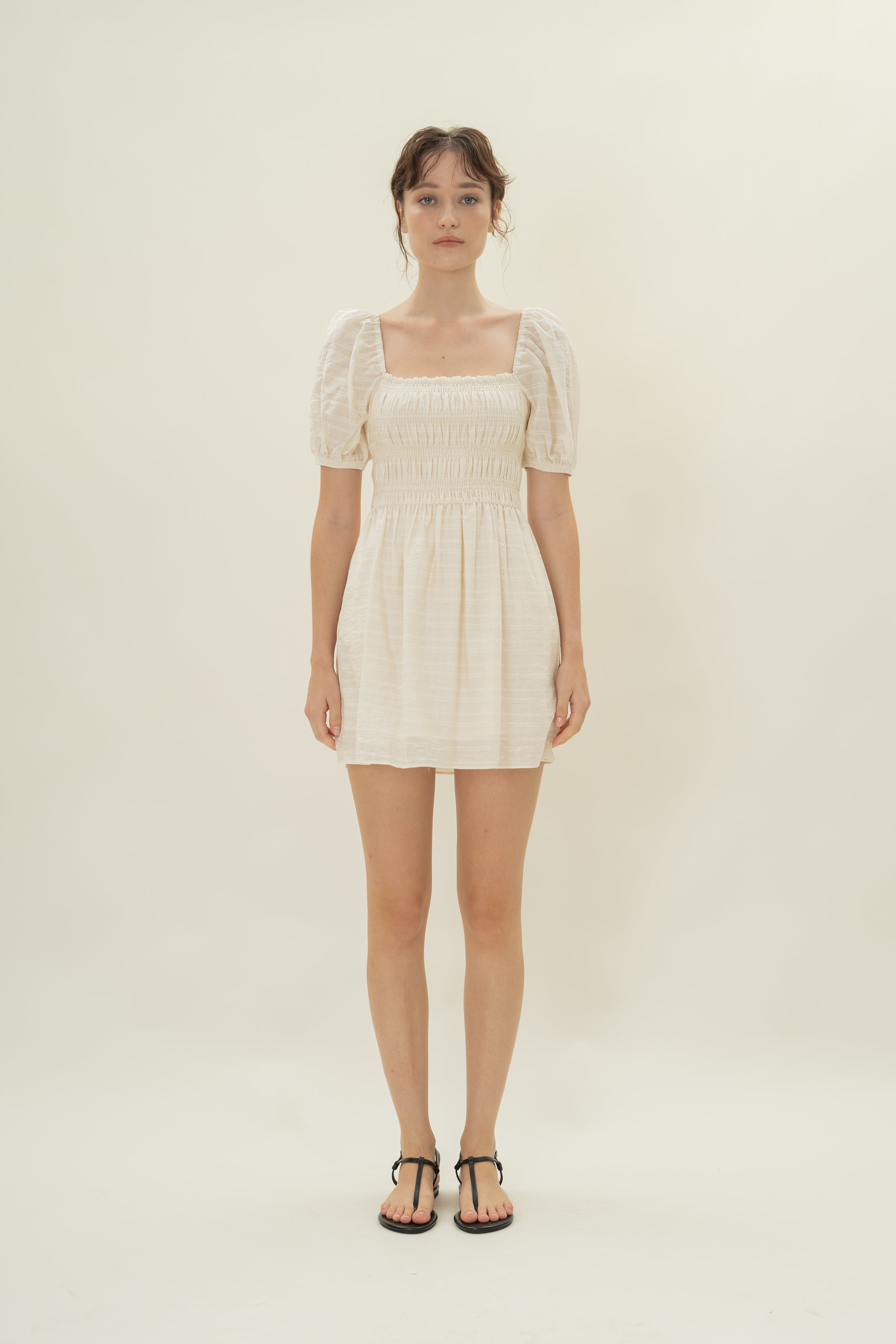 Puff Sleeve Shirred Mini Dress in Natural