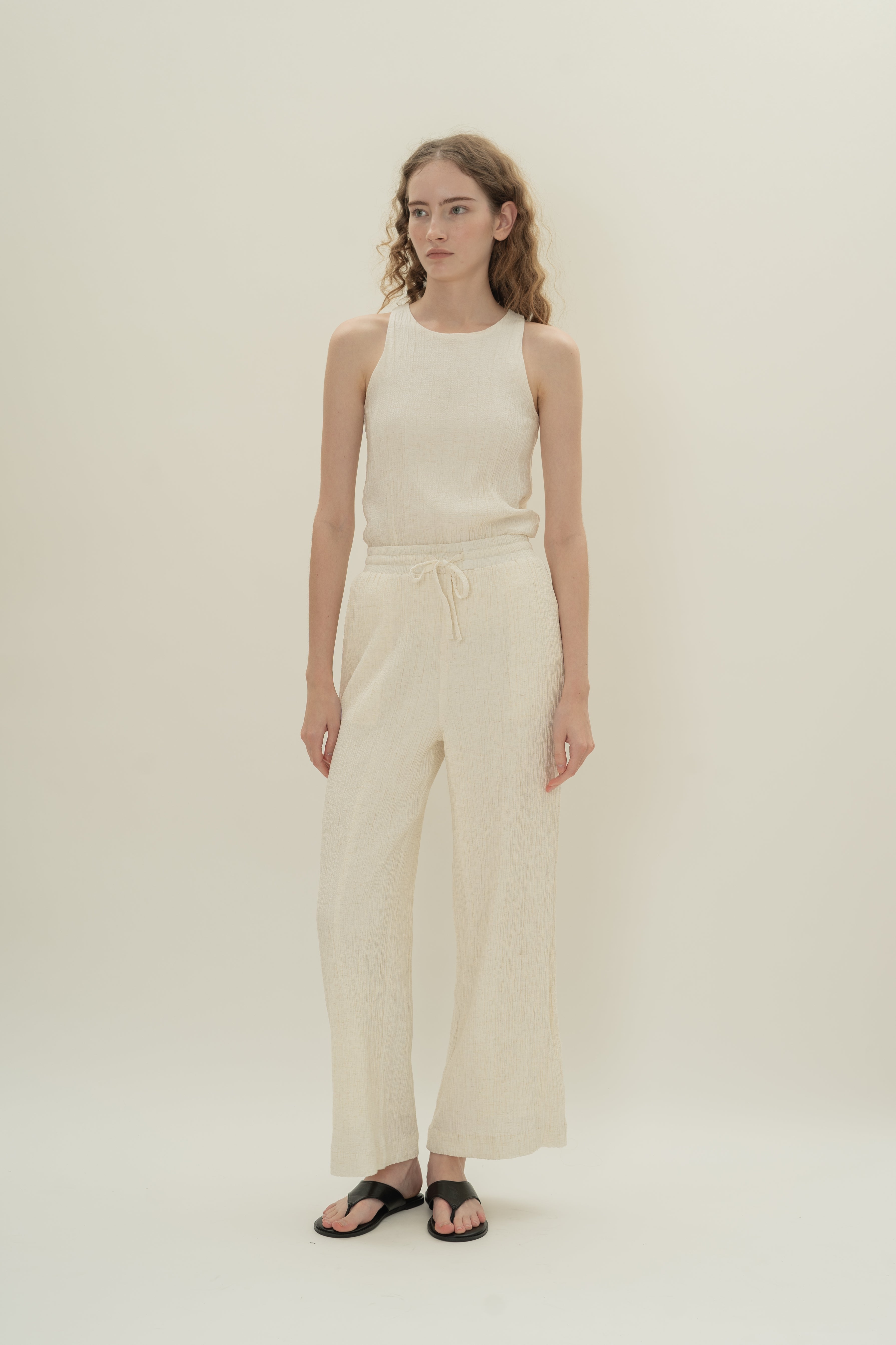Cotton Blend Textured Drawstring Pants in White