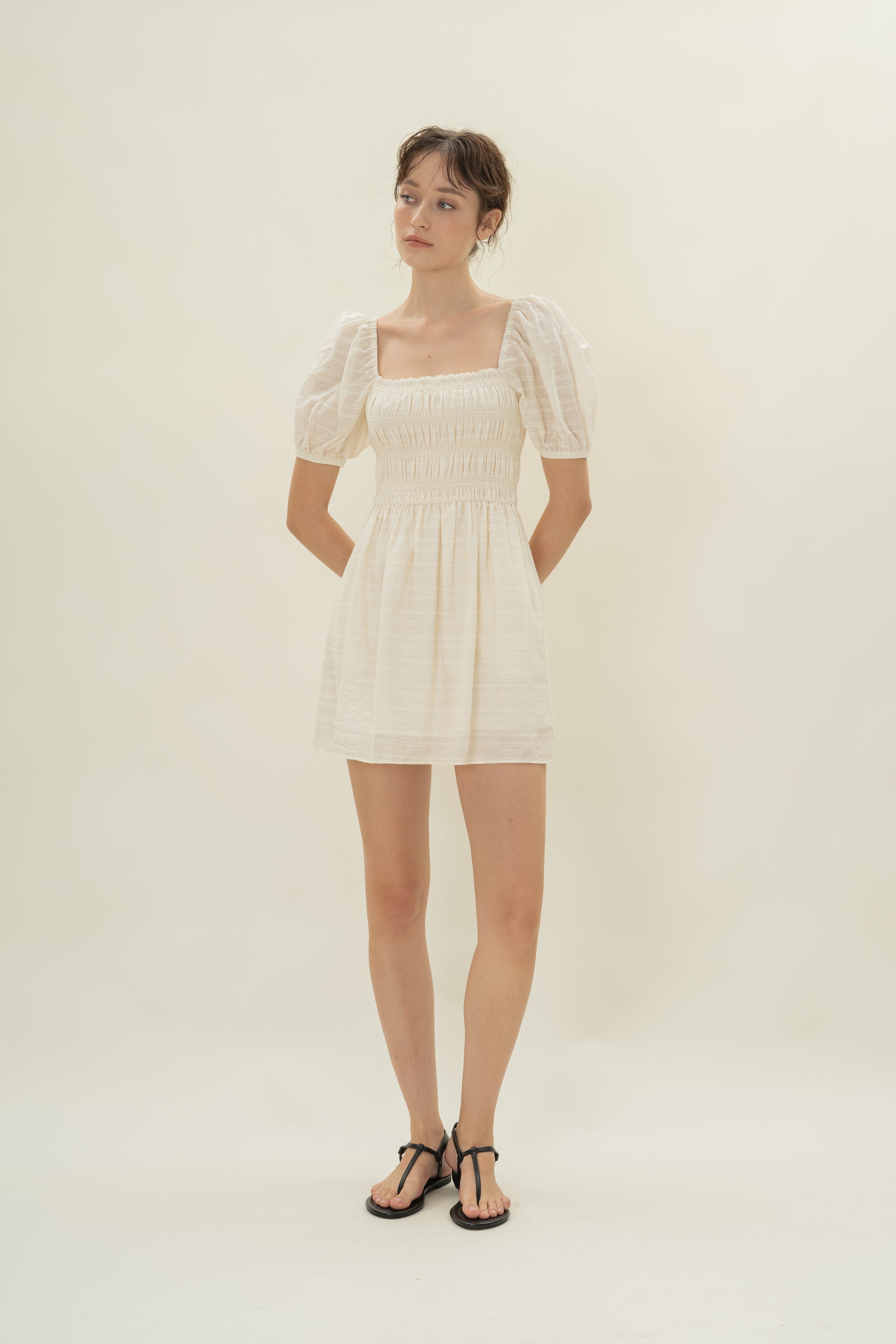 Puff Sleeve Shirred Mini Dress in Natural