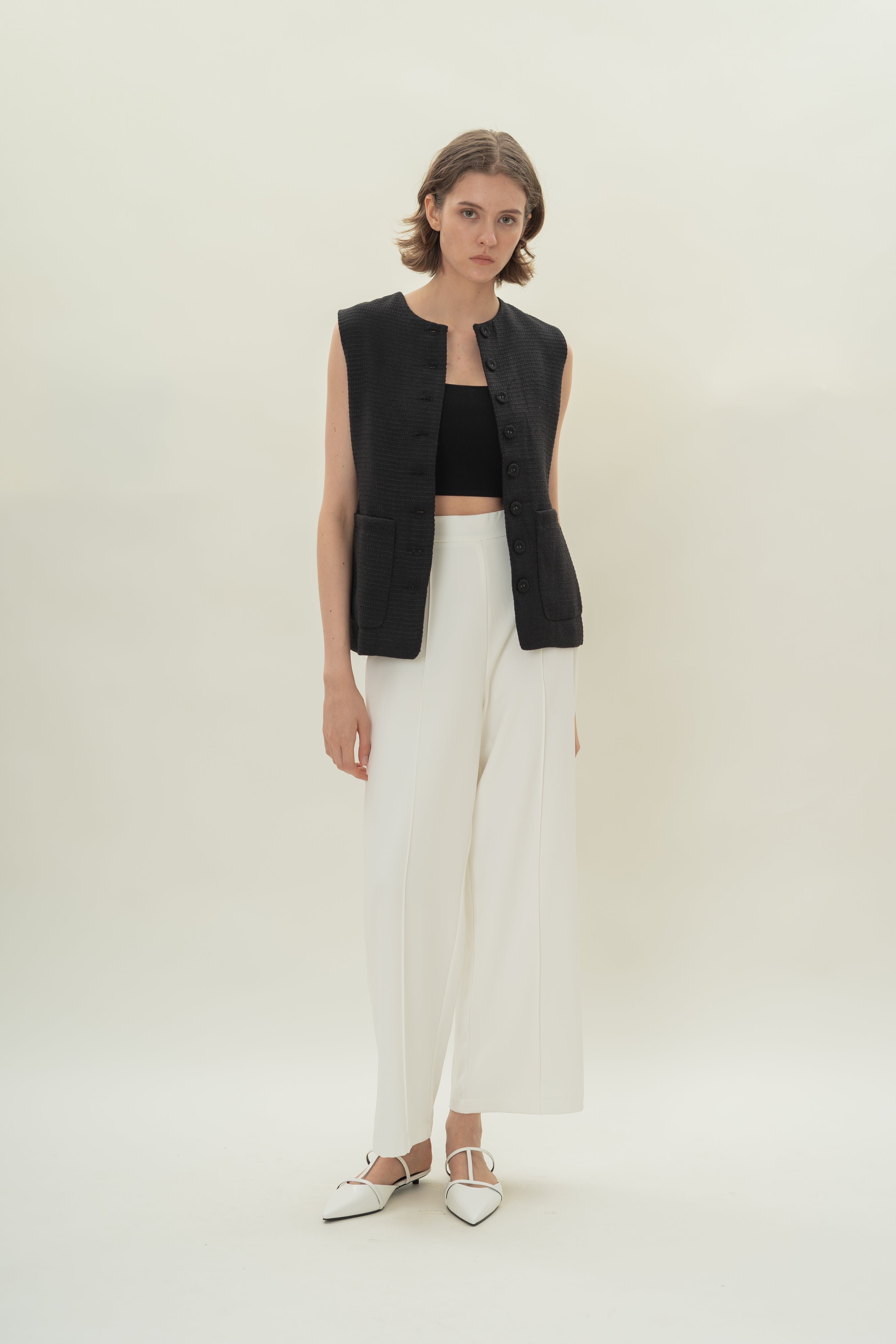 High Waisted Wide Legged Trousers w Foldlines in White