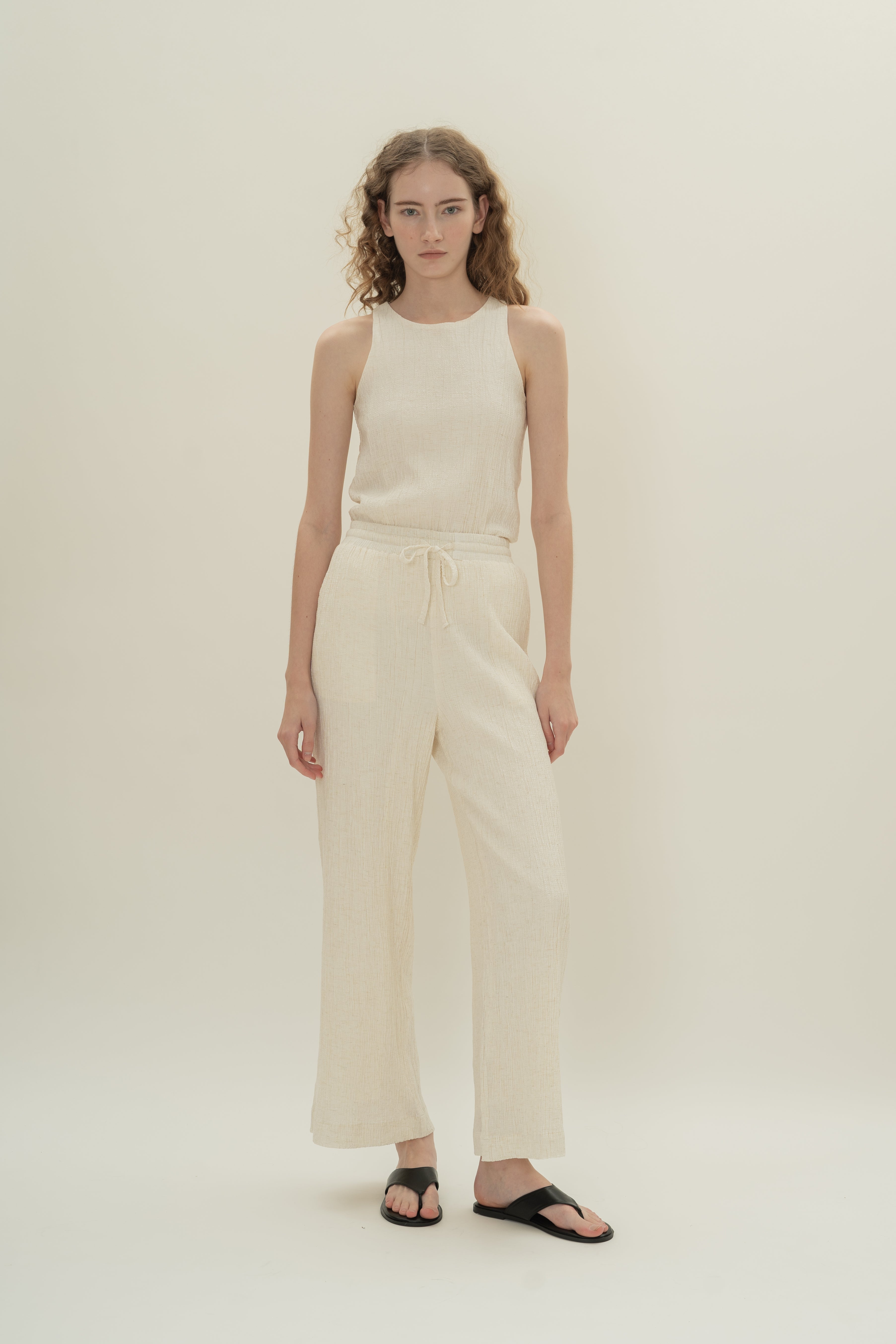 Cotton Blend Textured Drawstring Pants in White
