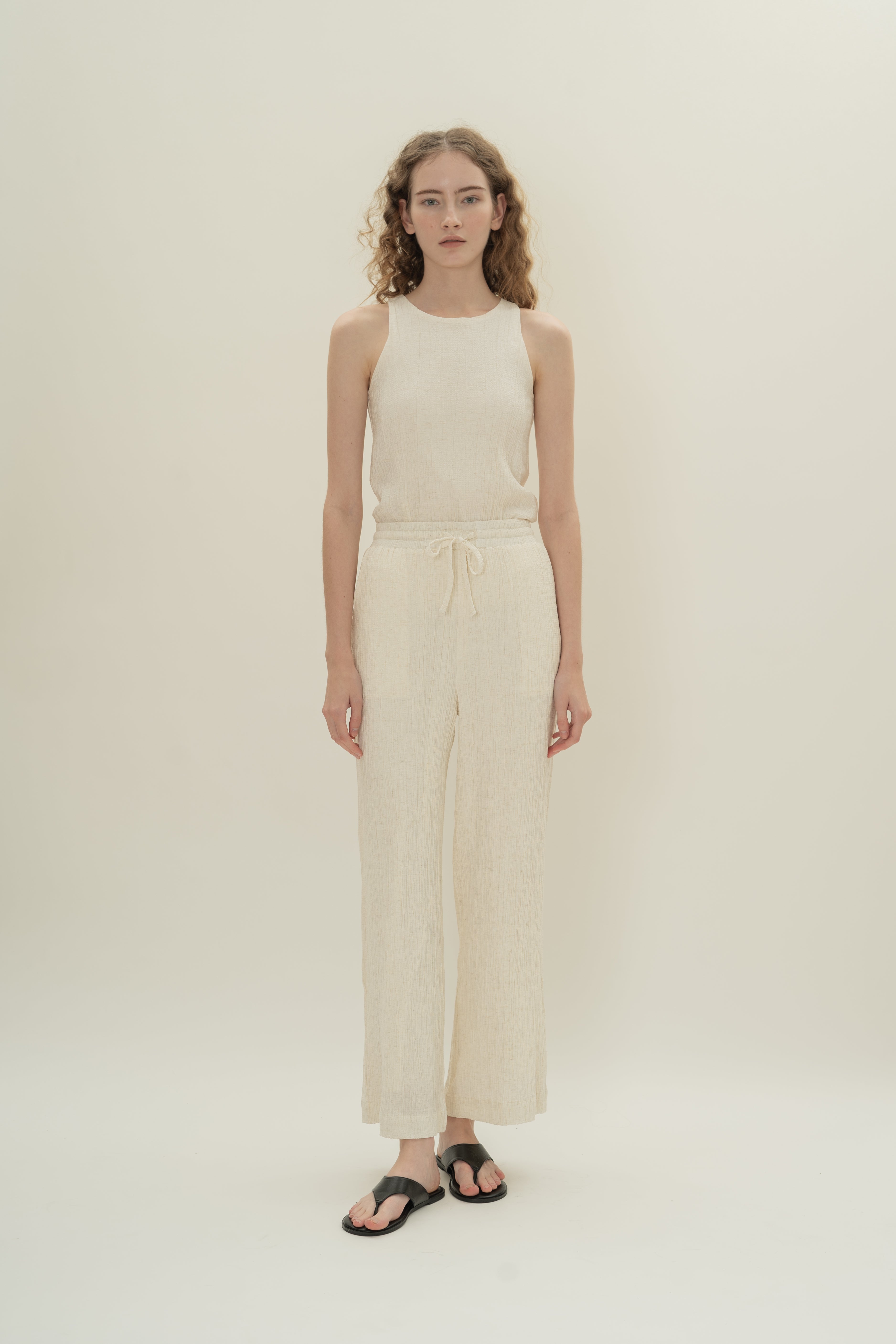 Cotton Blend Textured Drawstring Pants in White