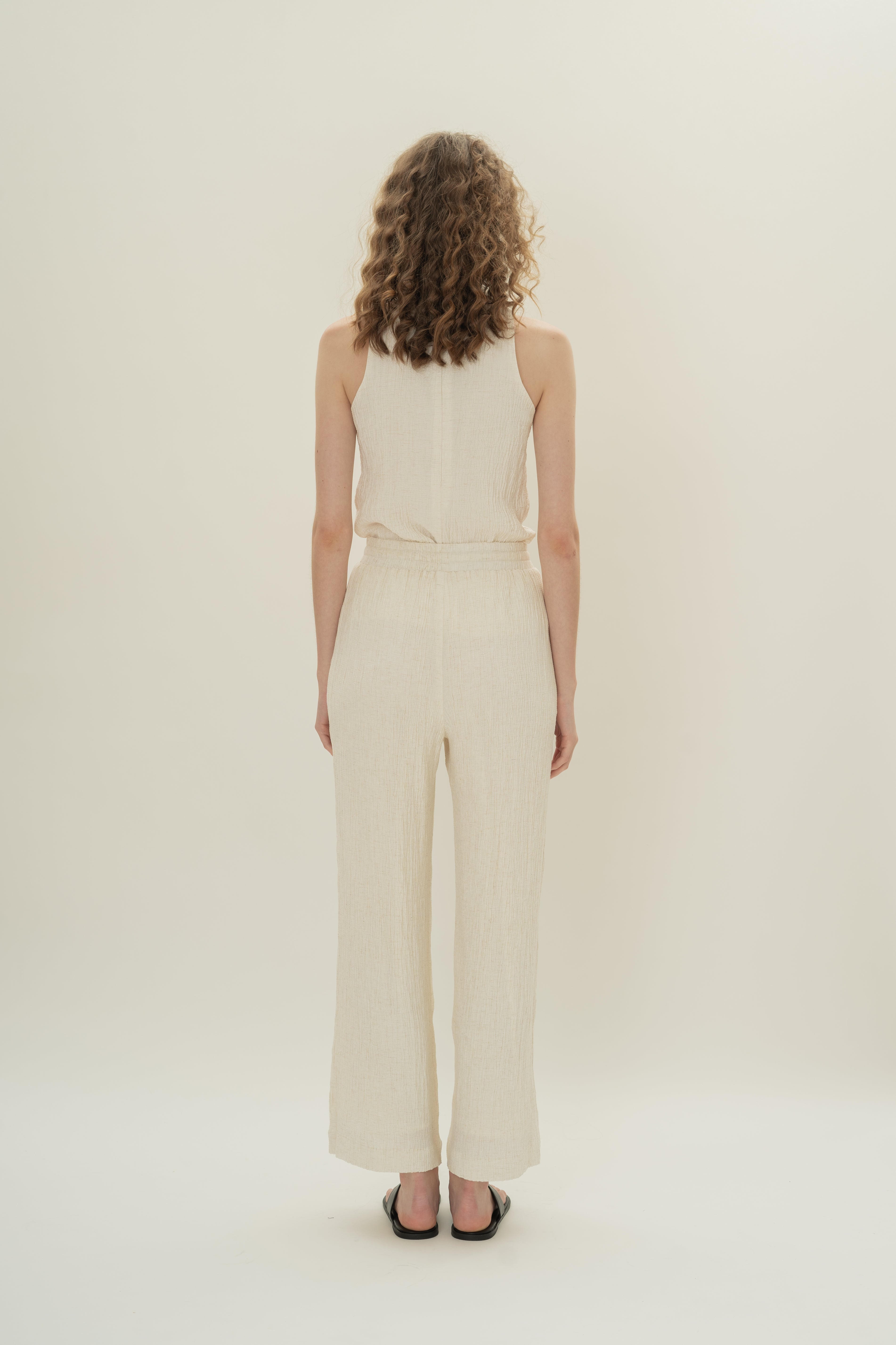 Cotton Blend Textured Drawstring Pants in White