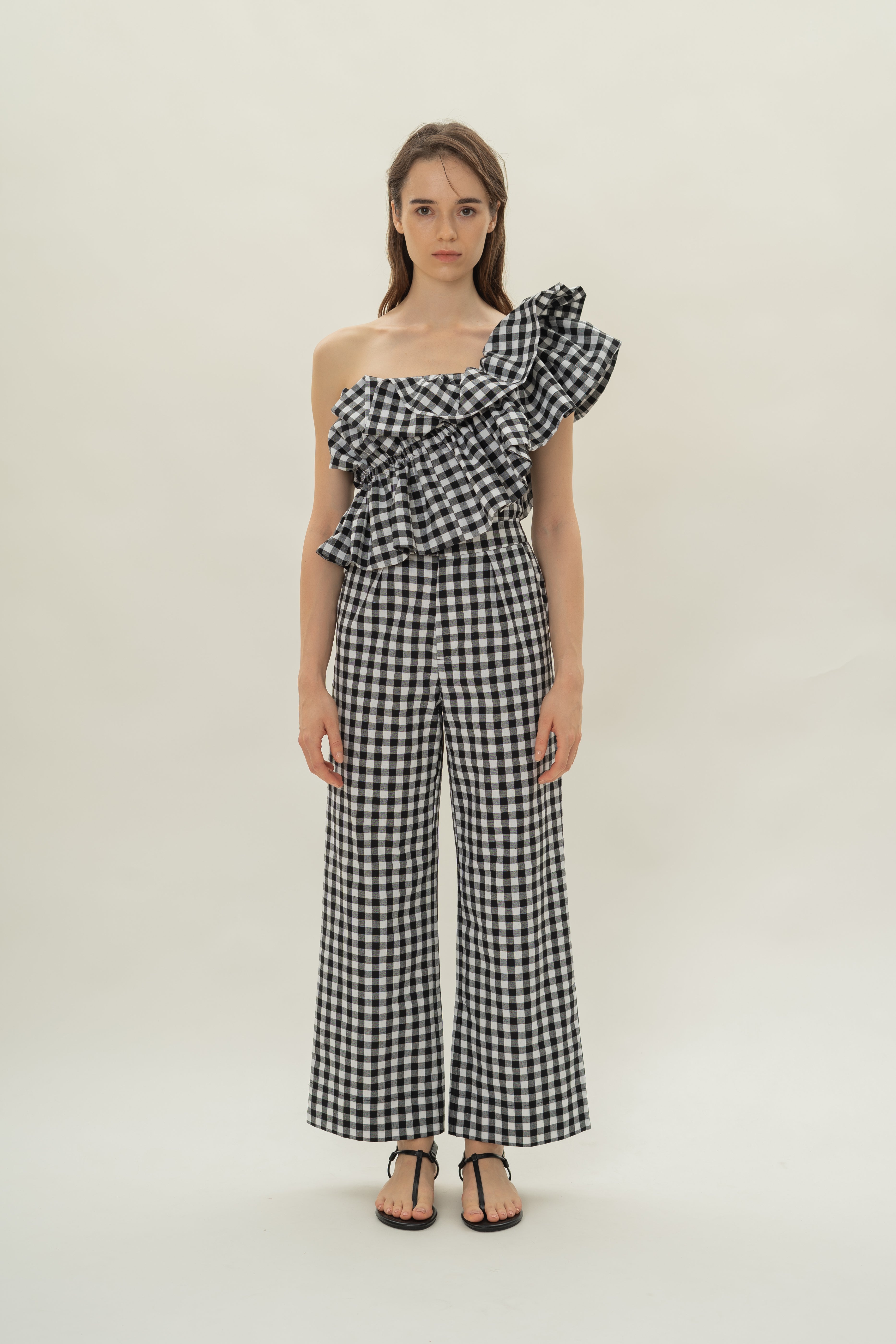 One-Shoulder Ruffled Top in Black Gingham