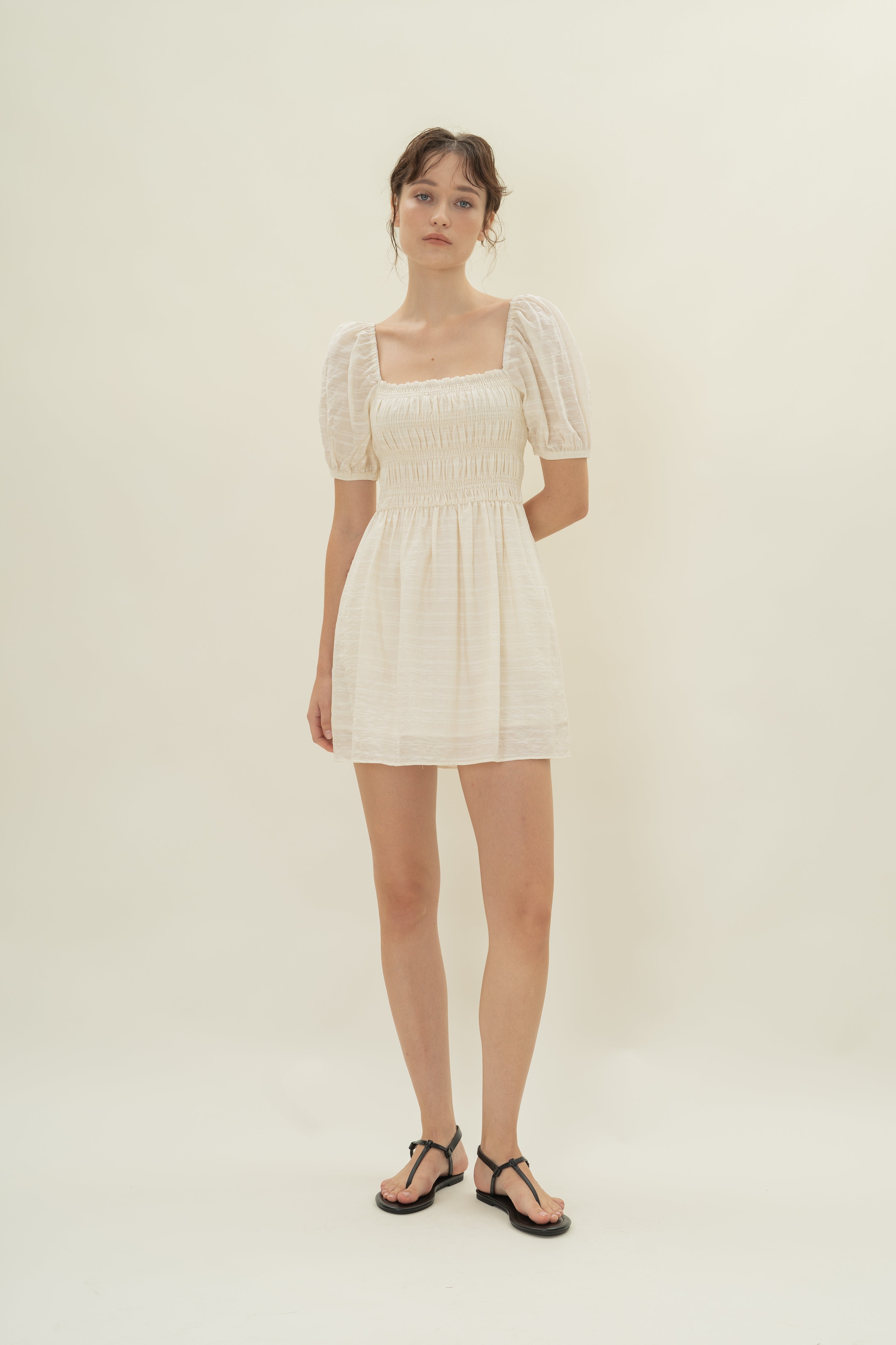 Puff Sleeve Shirred Mini Dress in Natural