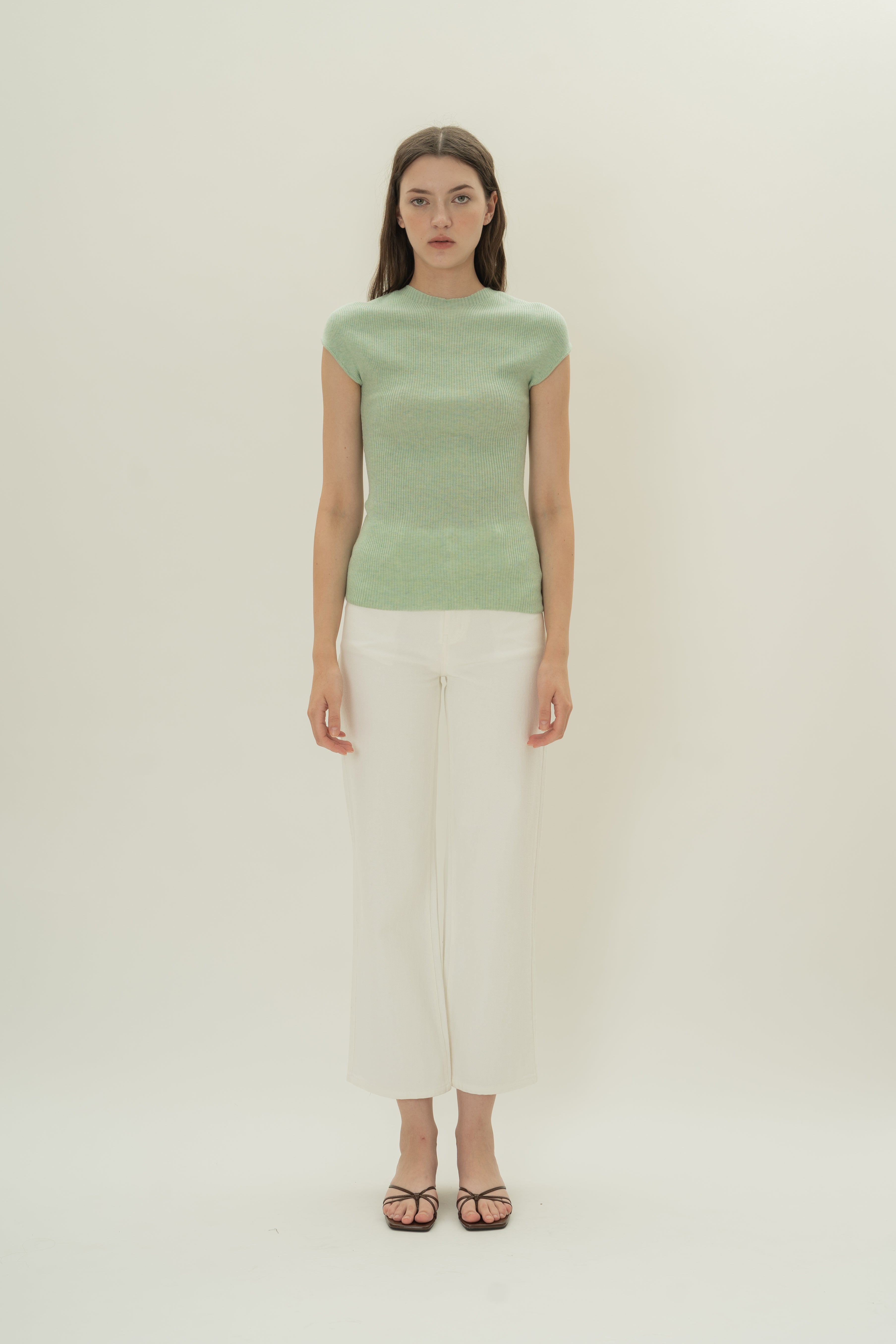 Knitted Cap Sleeve Fitted Top in Seafoam