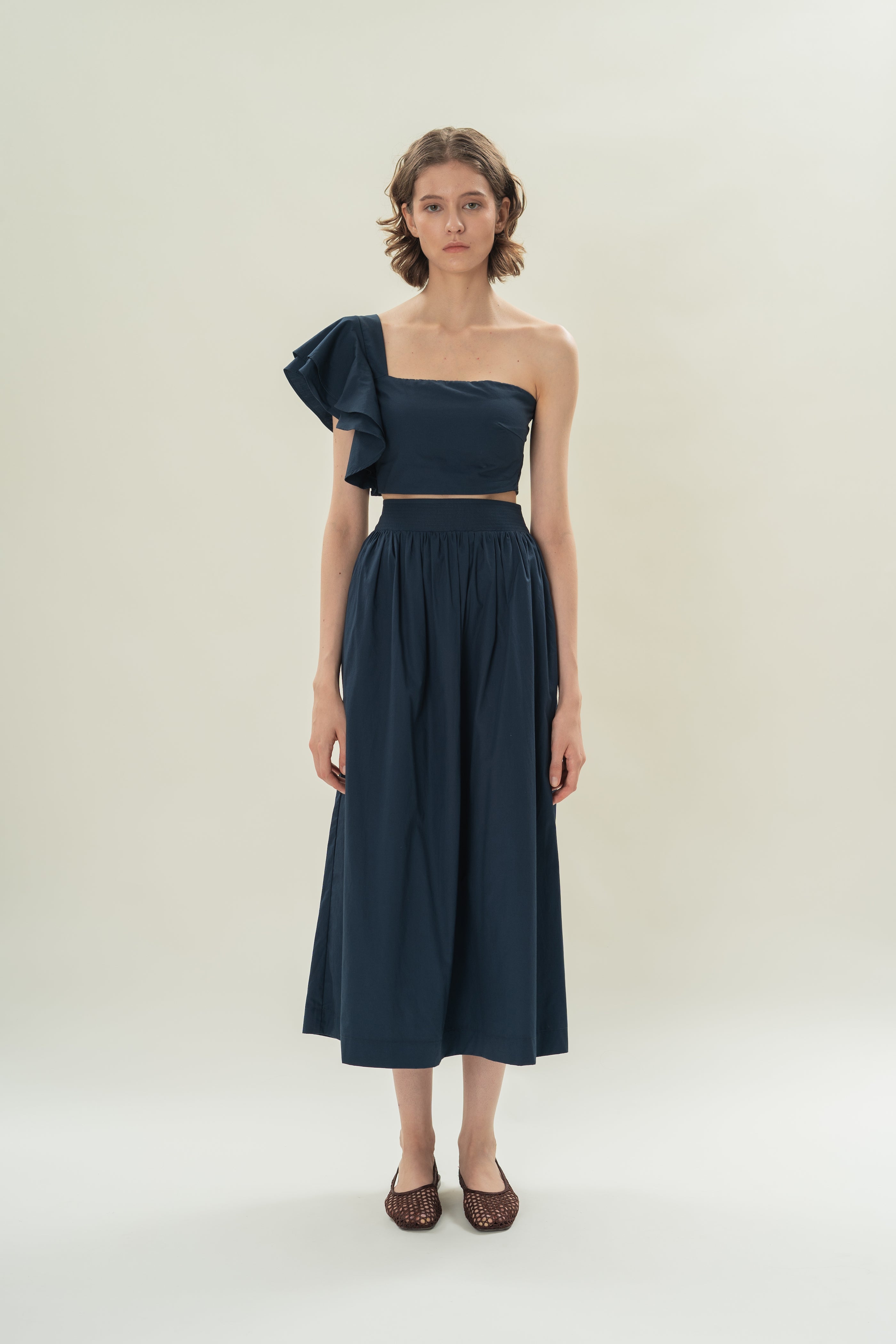 Toga Bustier Top With Ruffled Sleeve in Midnight