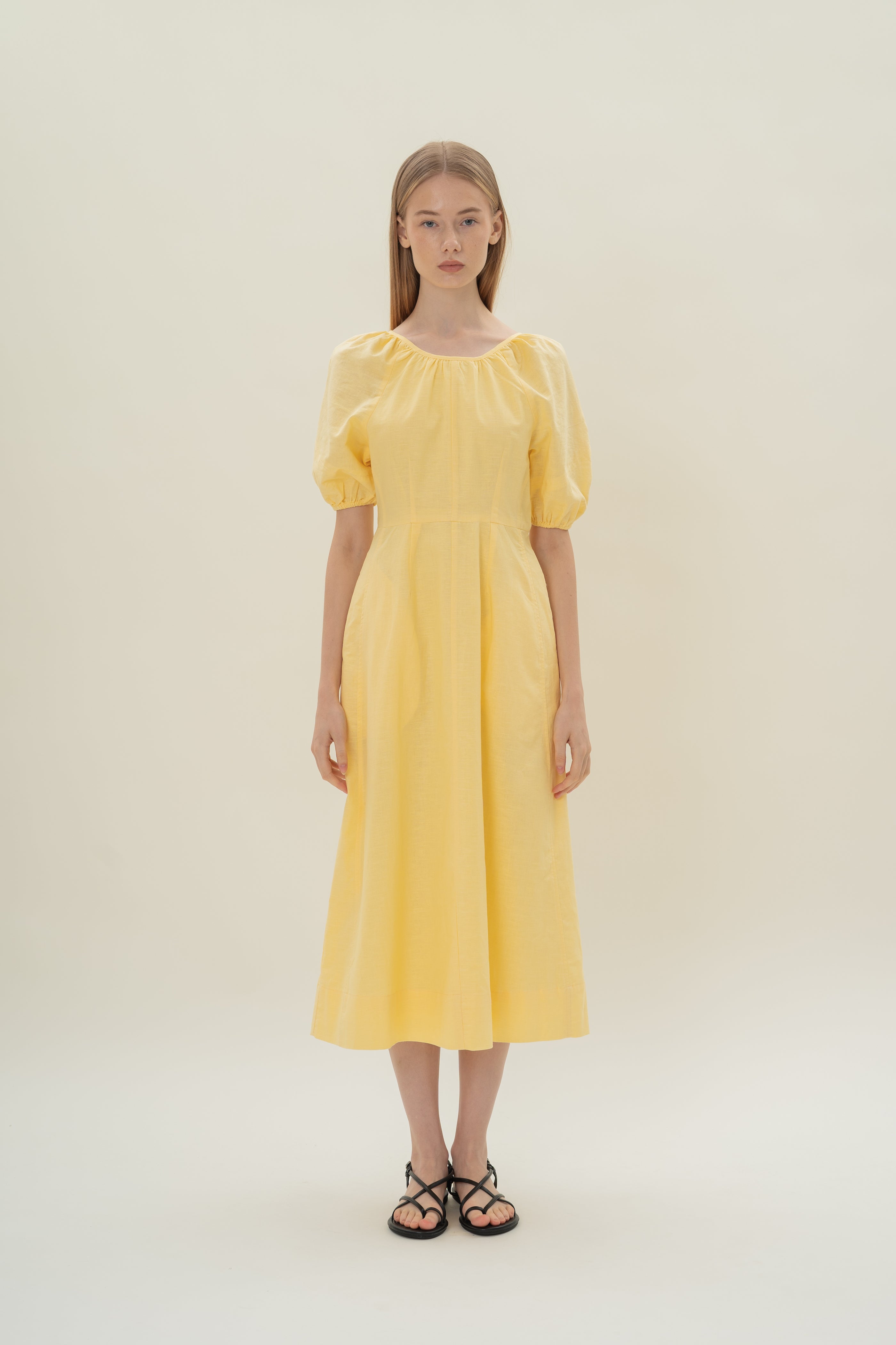 Linen Scoop Back Dress in Lemon