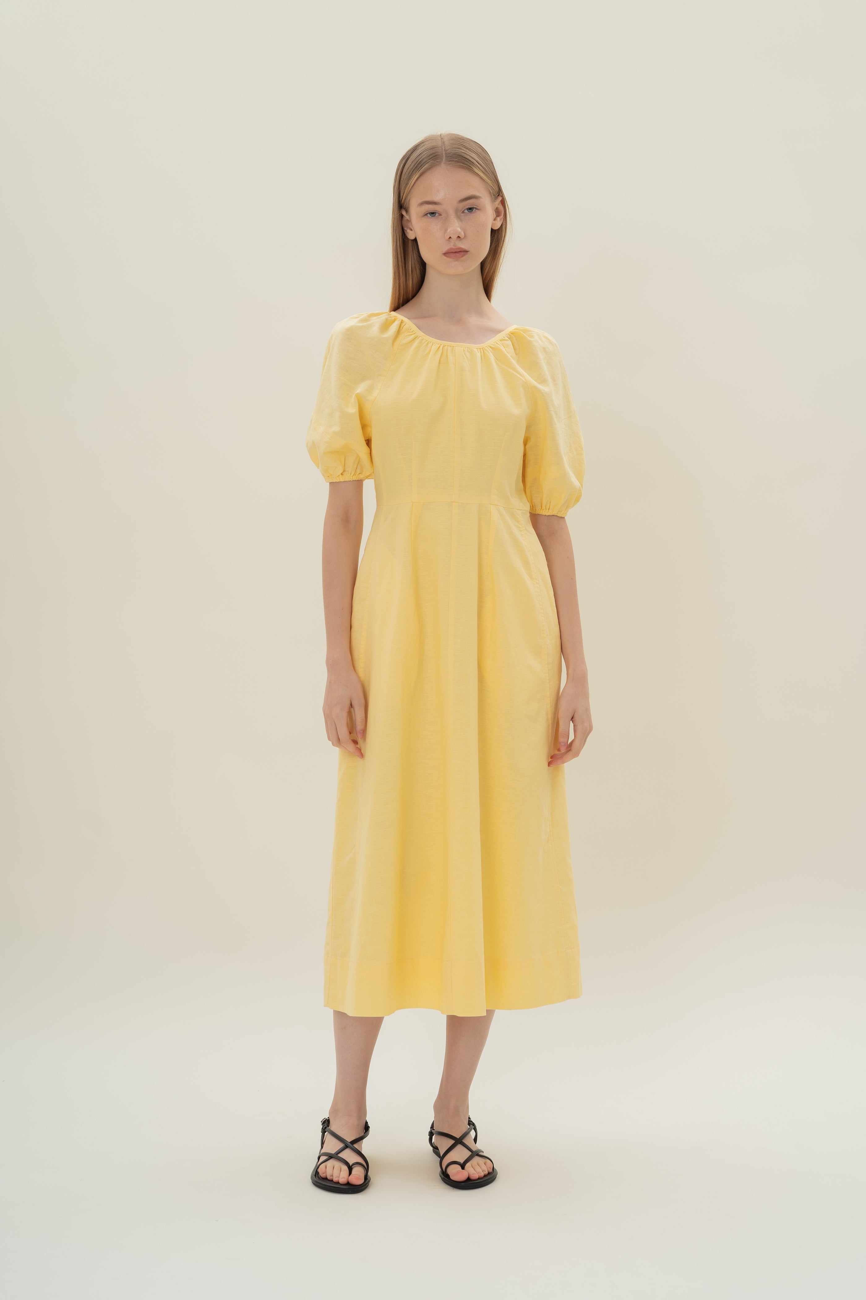 Linen Scoop Back Dress in Lemon