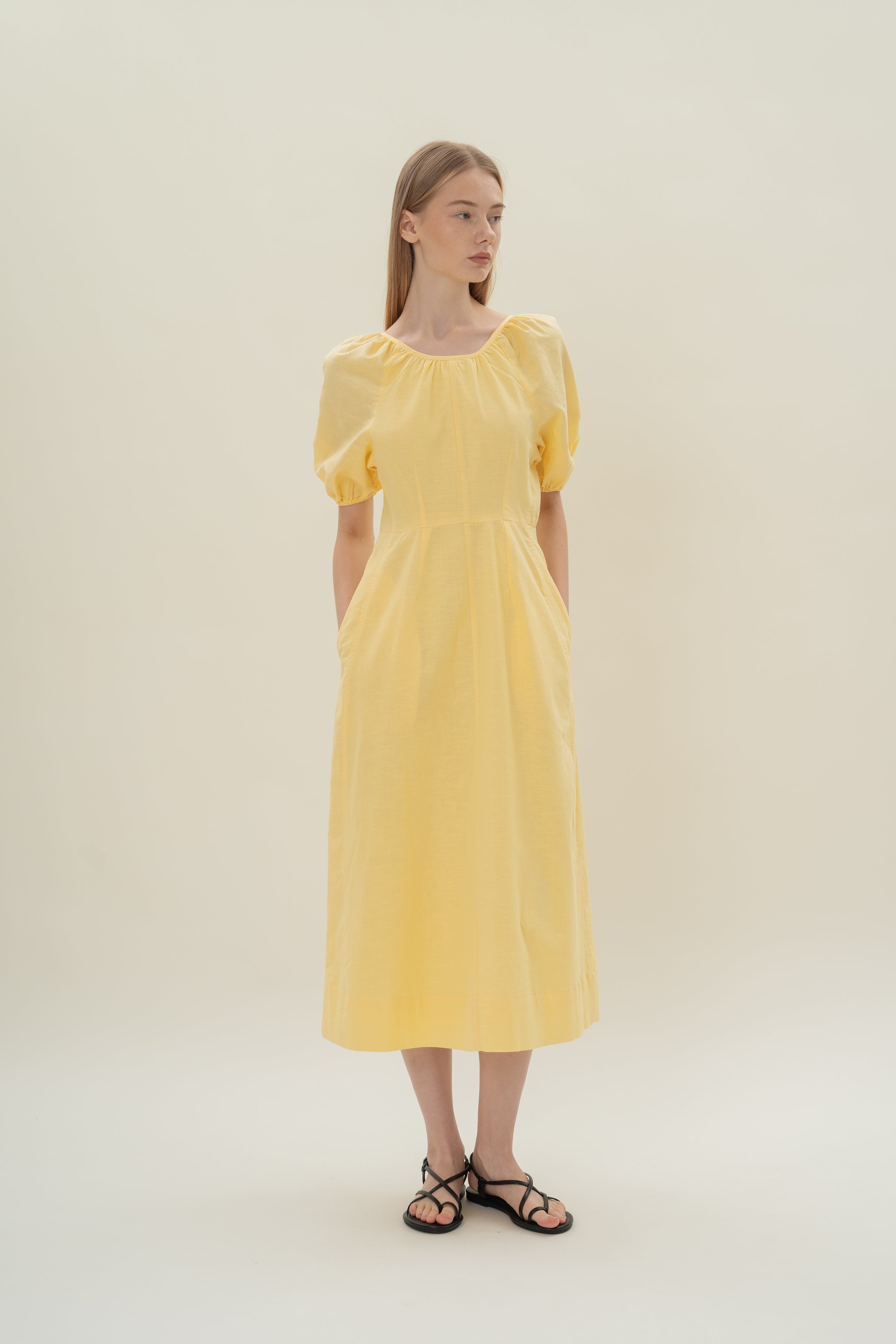 Linen Scoop Back Dress in Lemon