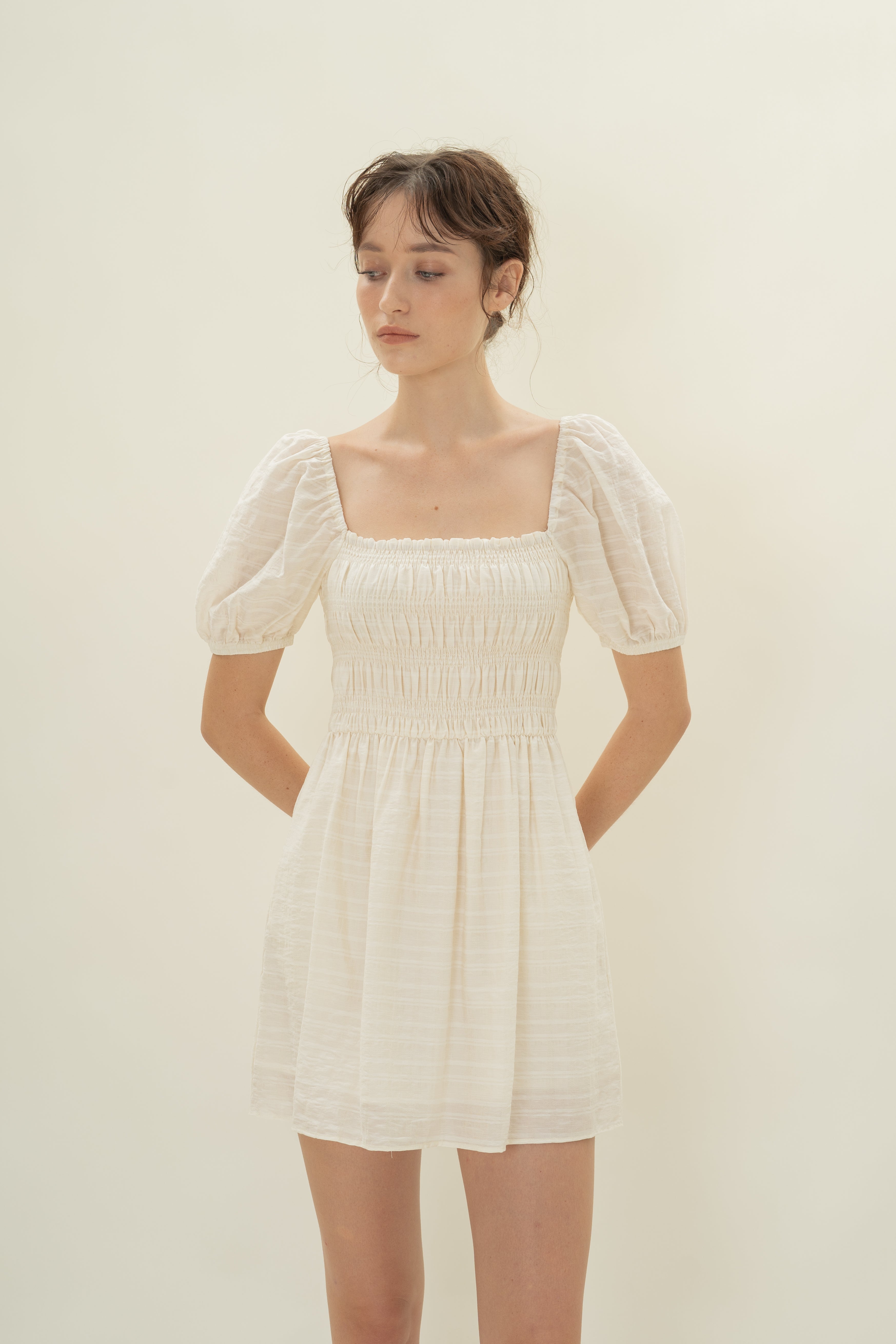 Puff Sleeve Shirred Mini Dress in Natural