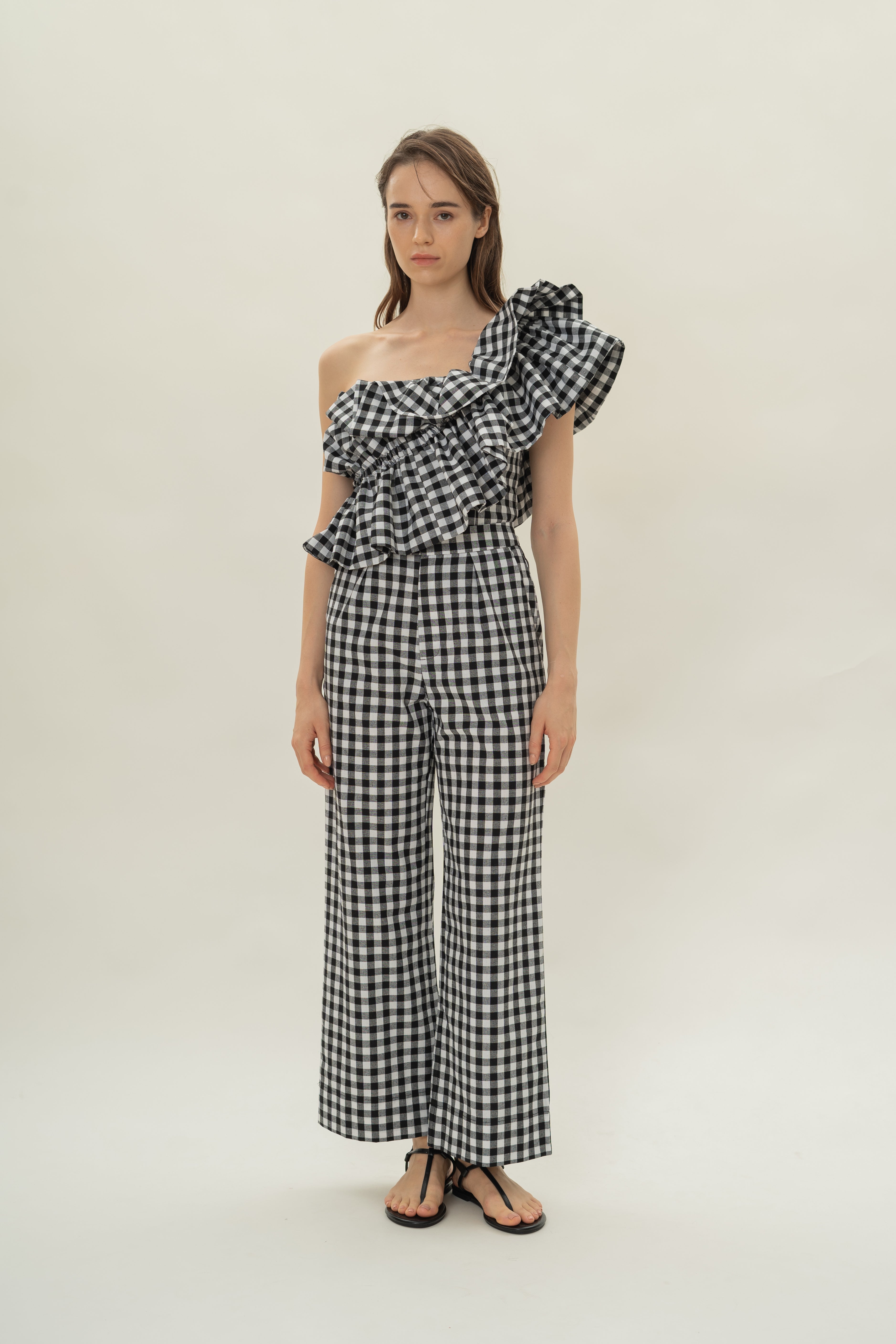 One-Shoulder Ruffled Top in Black Gingham