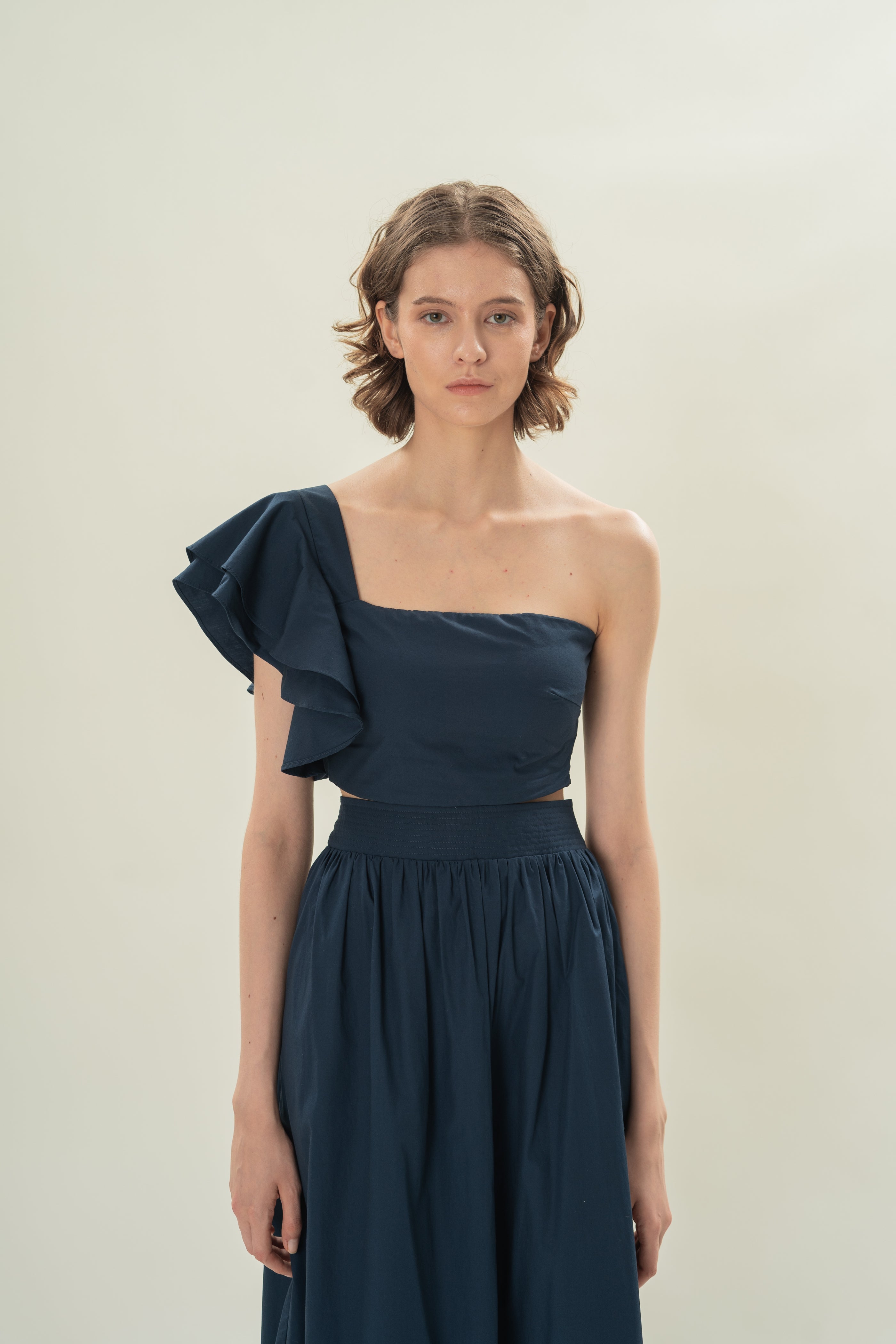 Toga Bustier Top With Ruffled Sleeve in Midnight