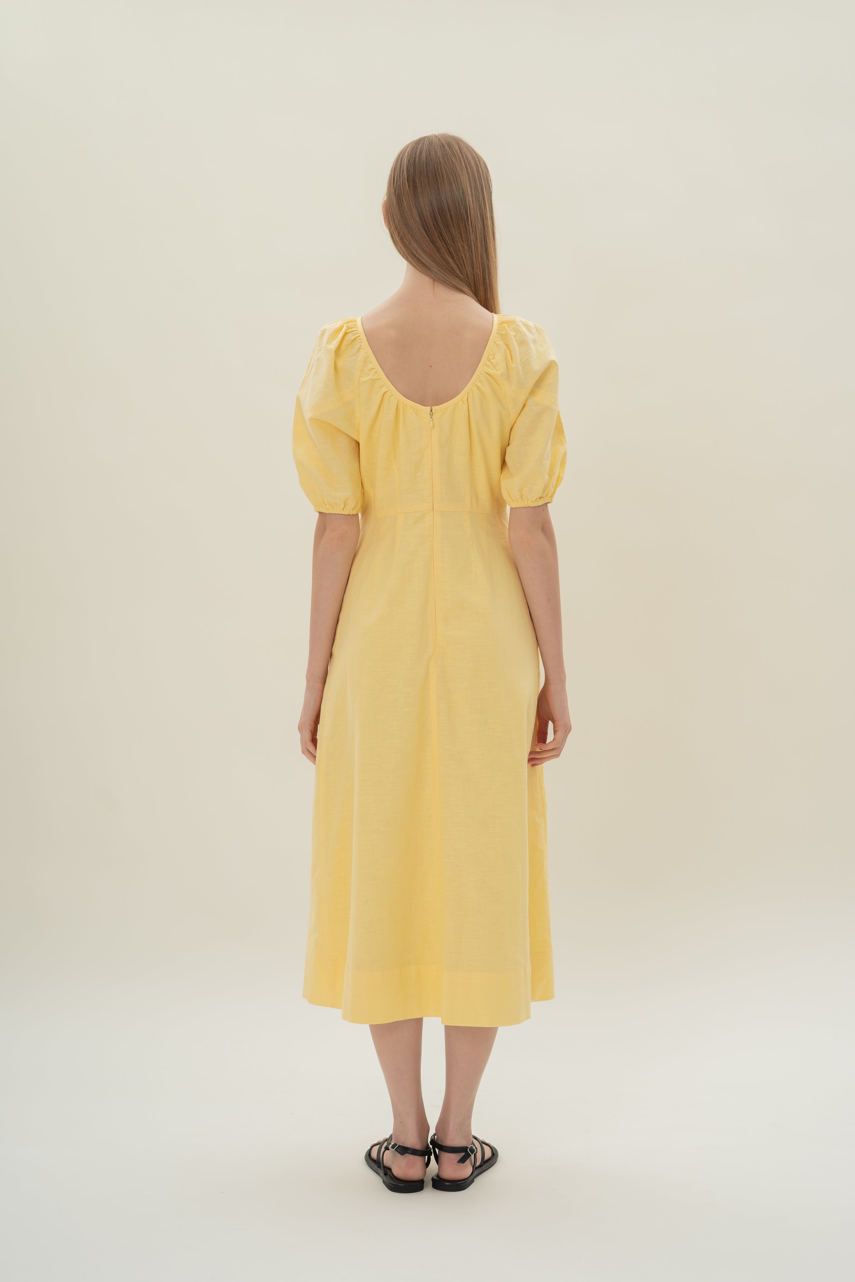 Linen Scoop Back Dress in Lemon