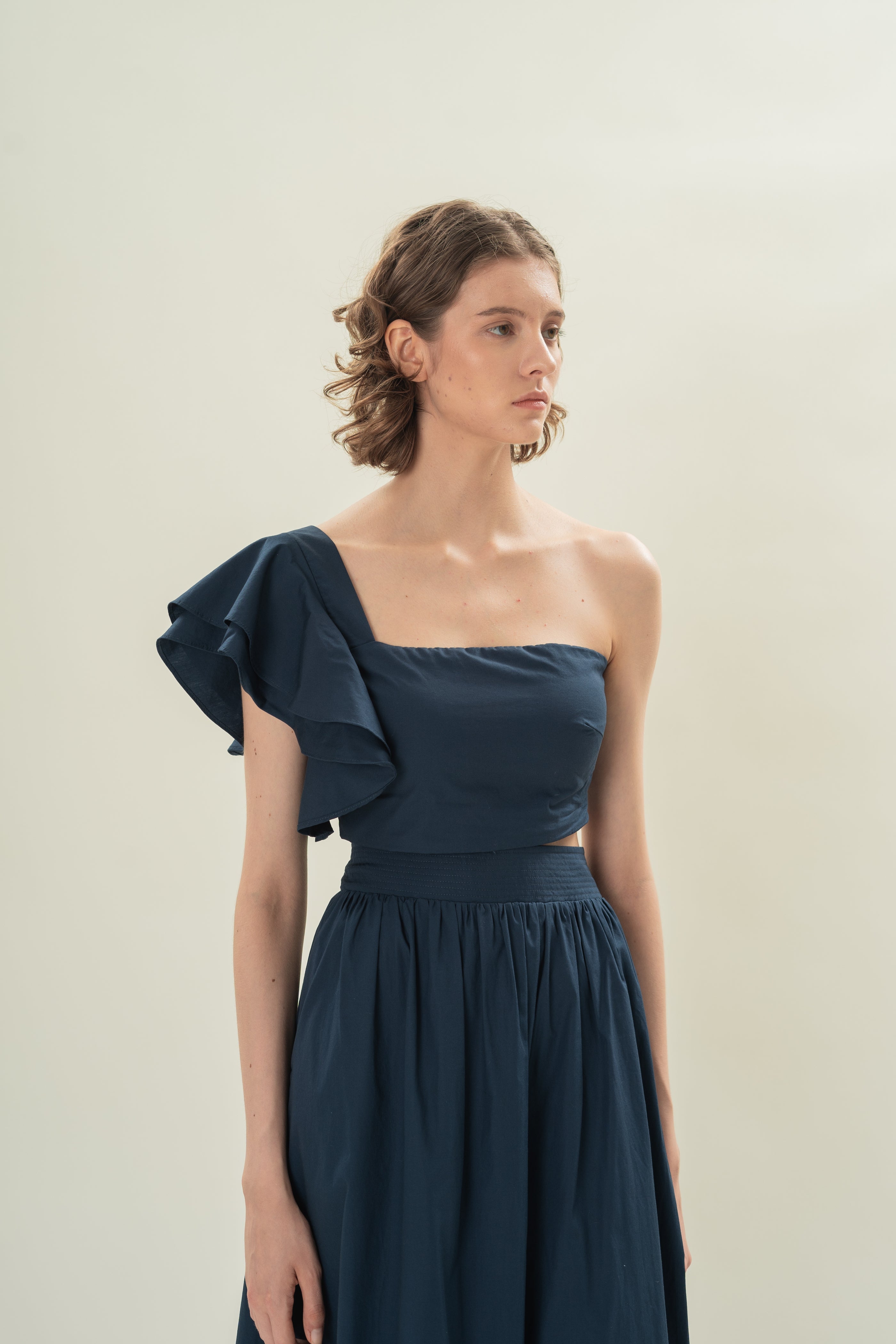 Toga Bustier Top With Ruffled Sleeve in Midnight