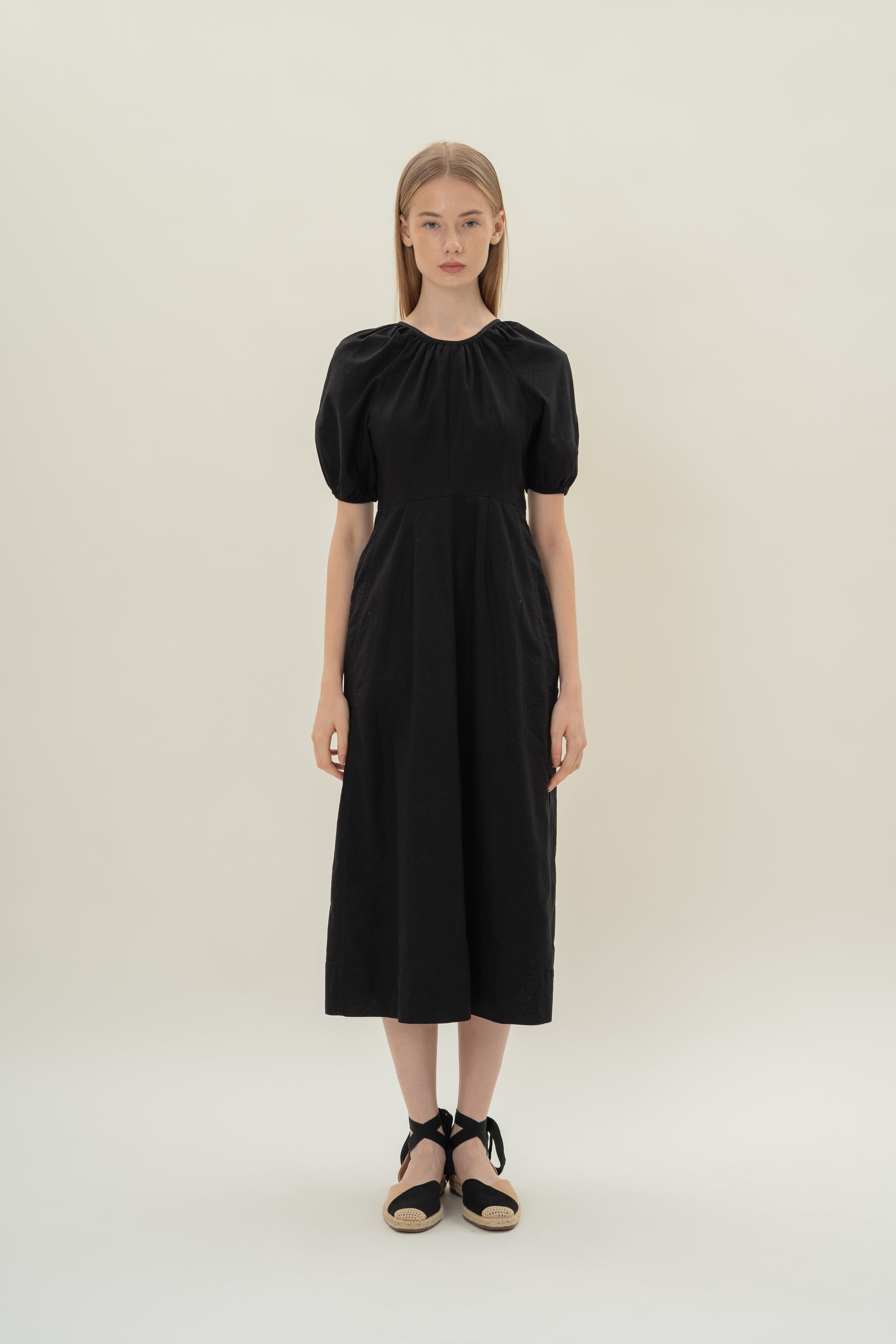 Linen Scoop Back Dress in Black