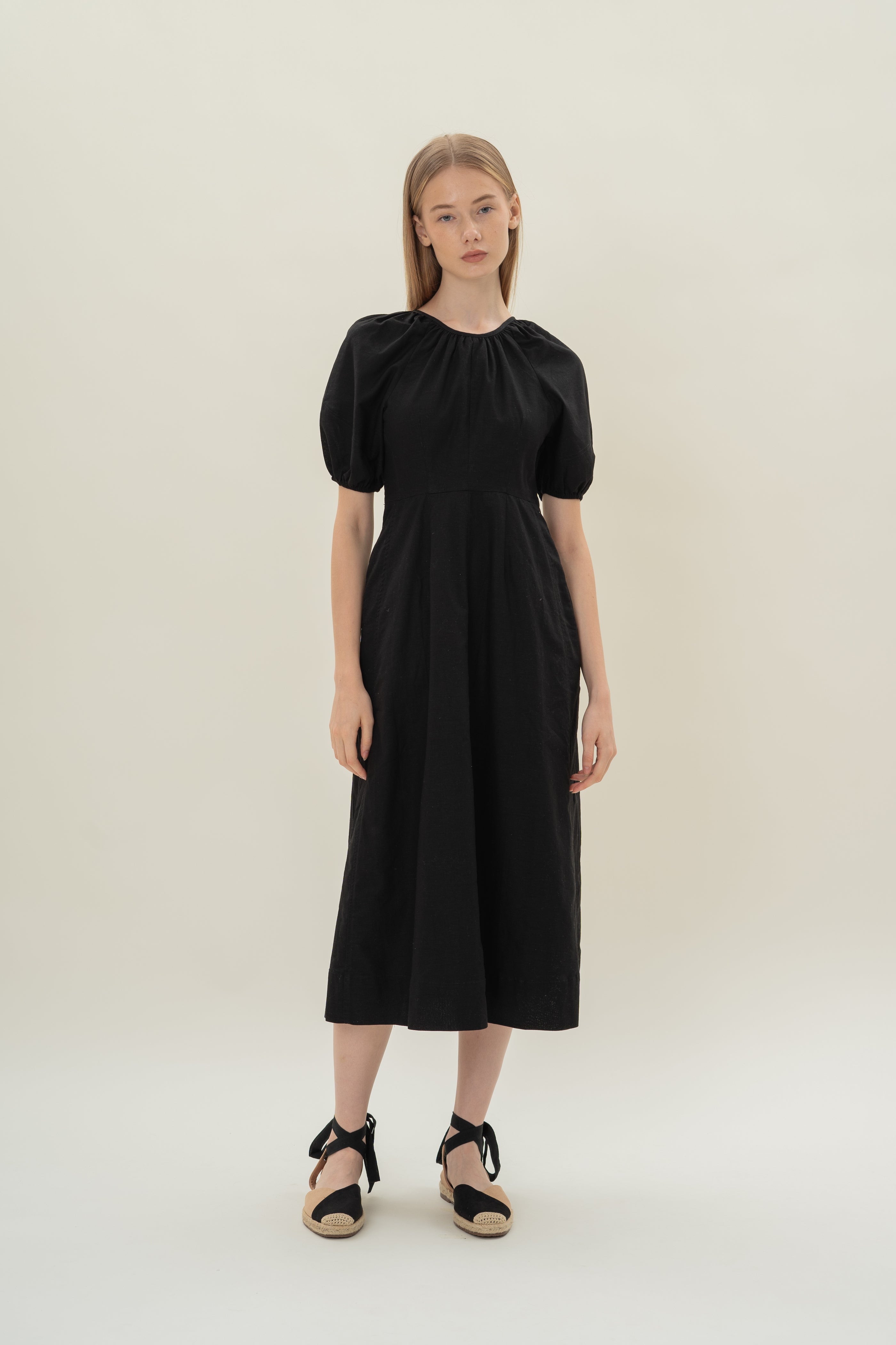 Linen Scoop Back Dress in Black