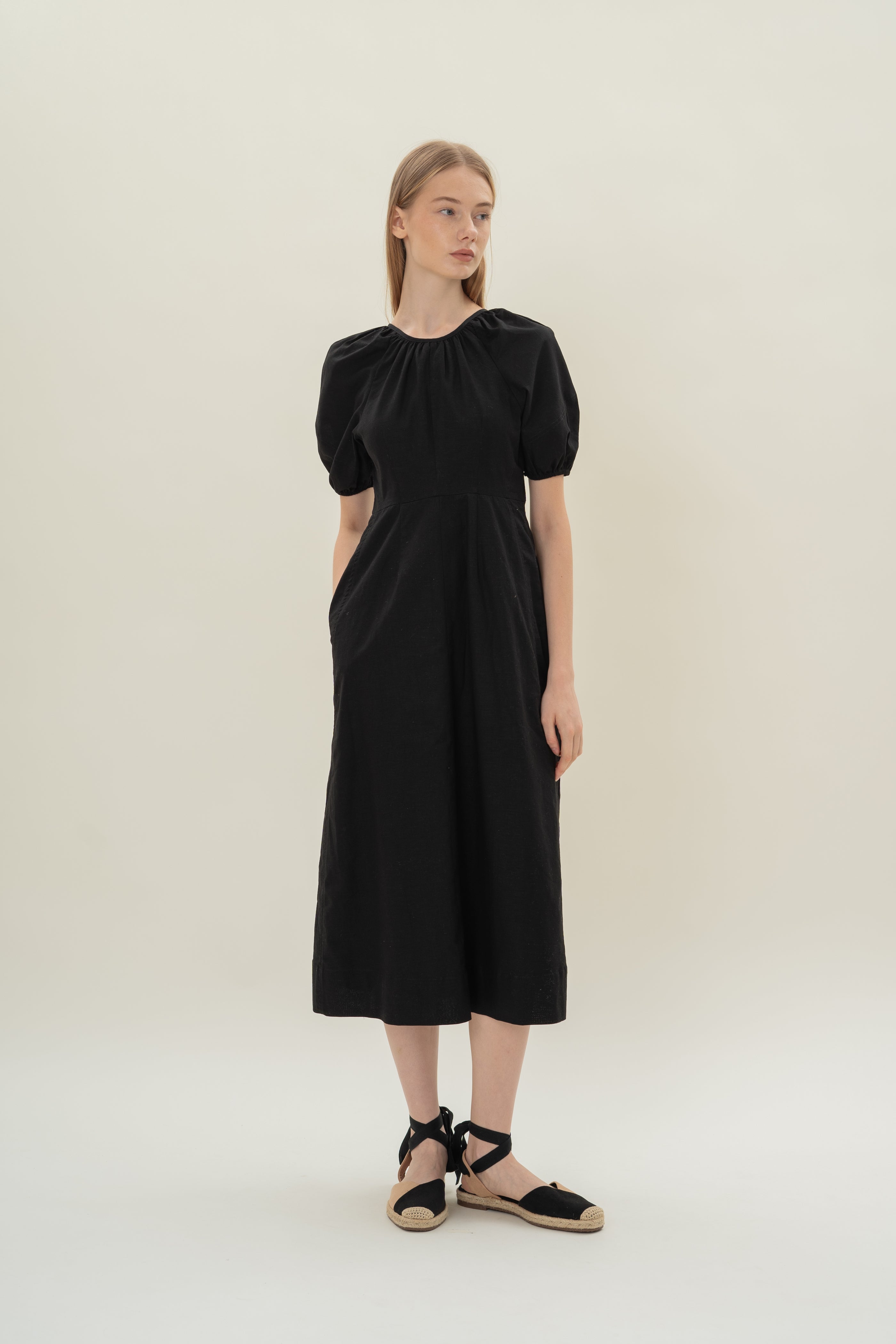 Linen Scoop Back Dress in Black