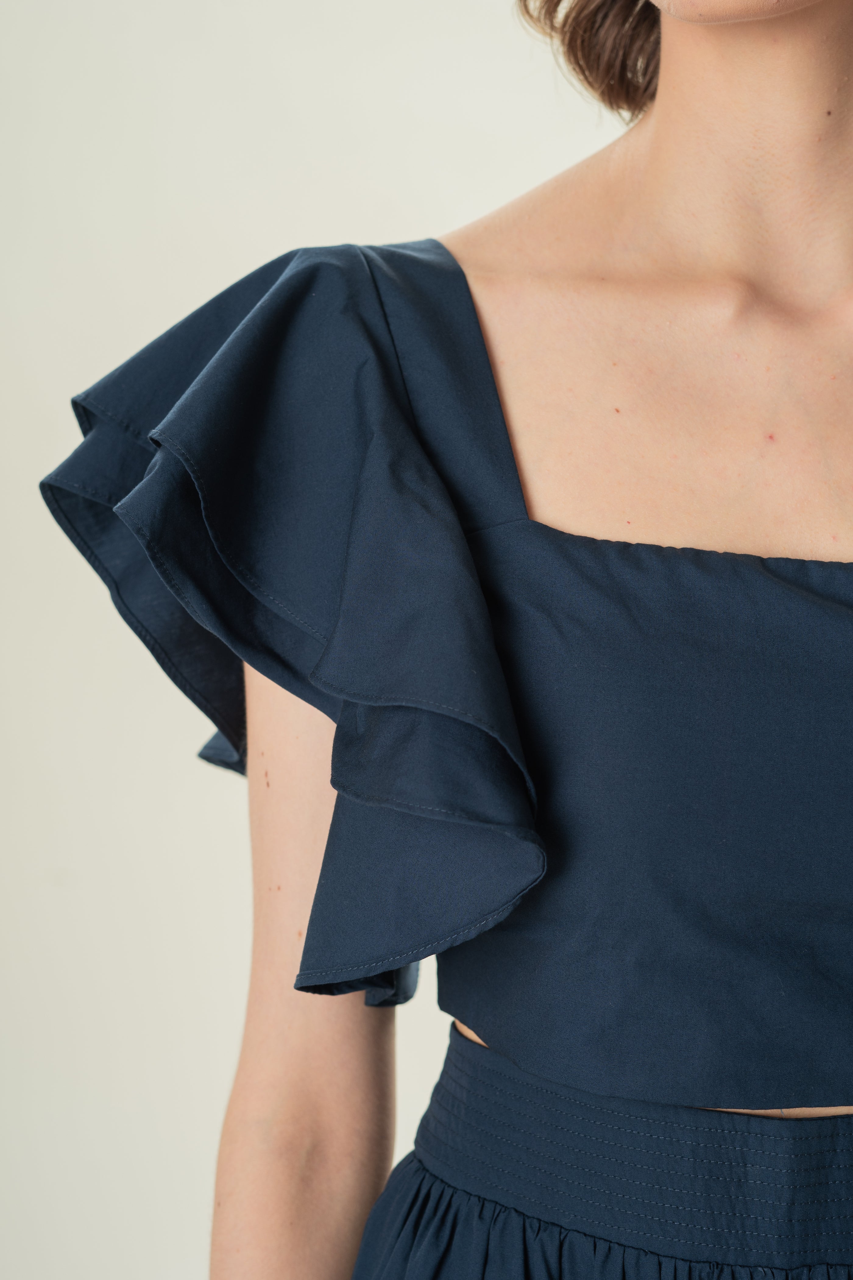 Toga Bustier Top With Ruffled Sleeve in Midnight