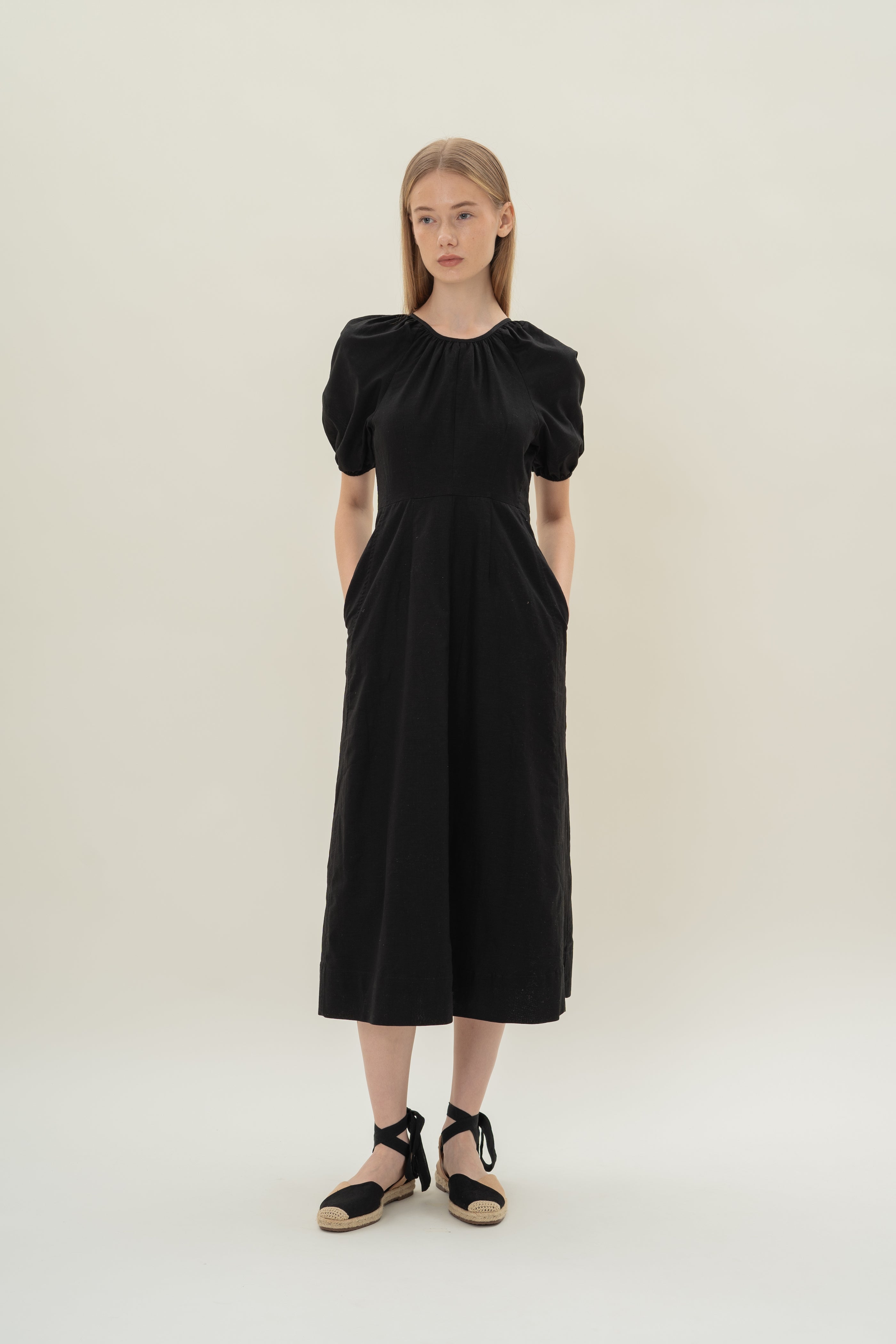 Linen Scoop Back Dress in Black