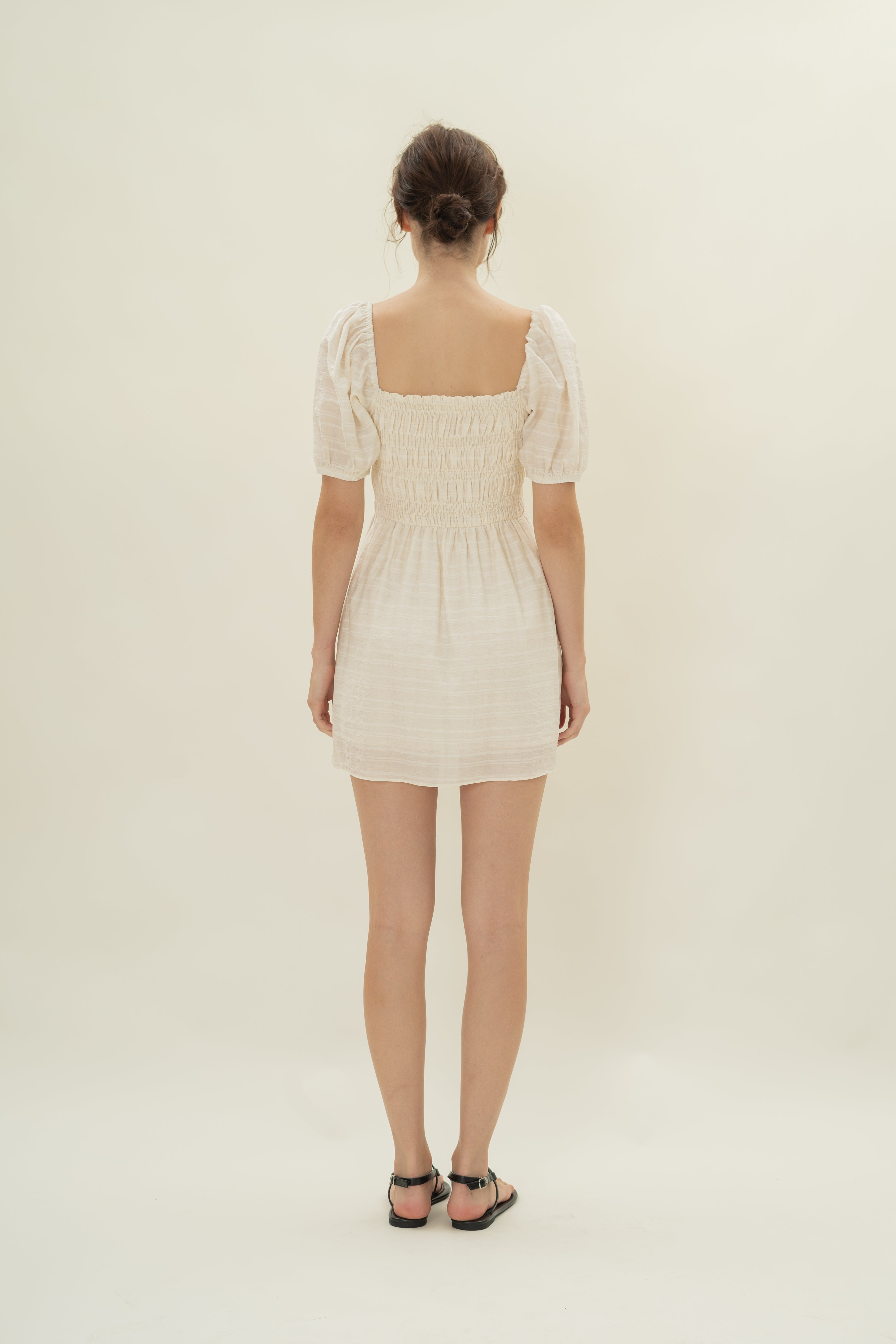 Puff Sleeve Shirred Mini Dress in Natural