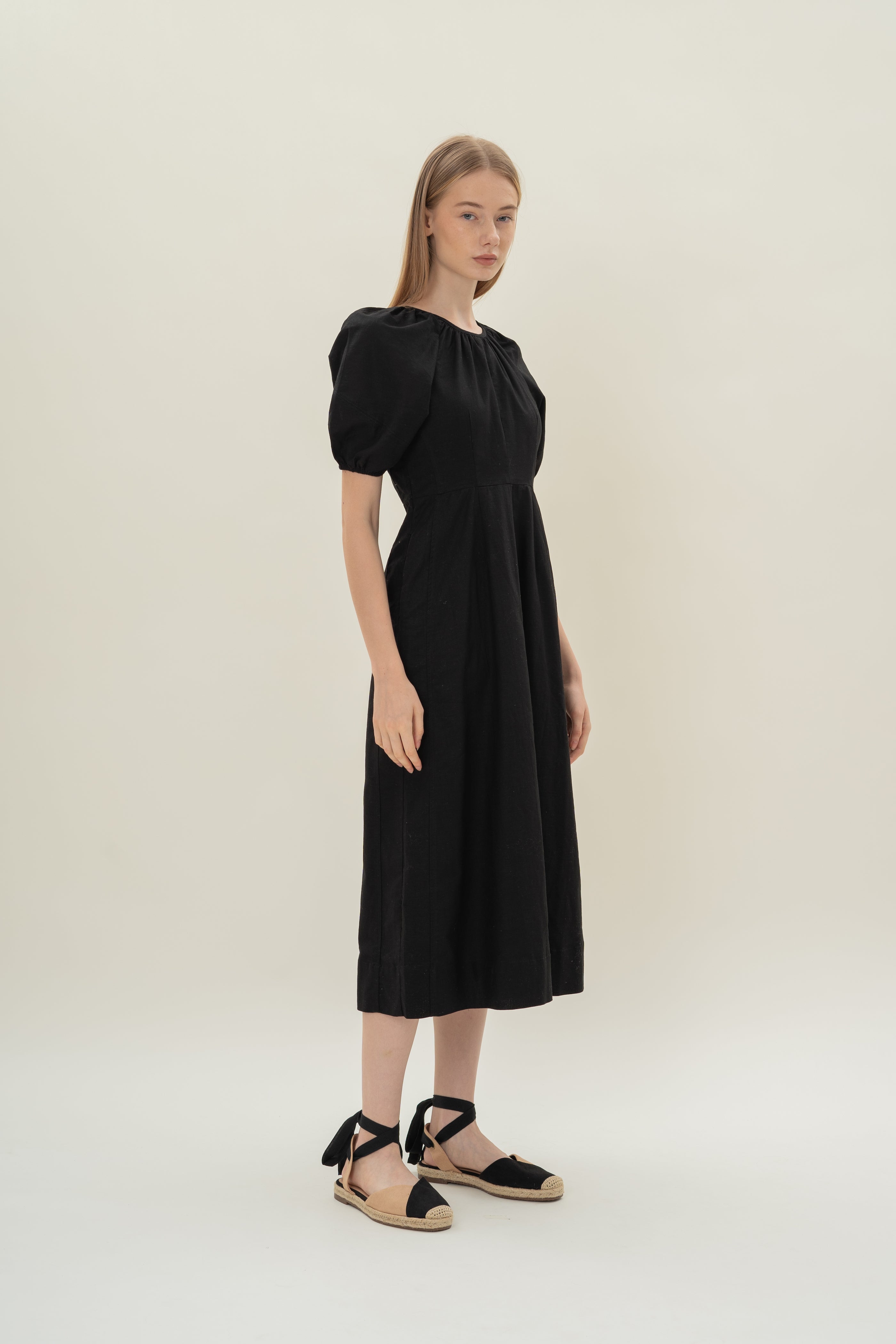 Linen Scoop Back Dress in Black