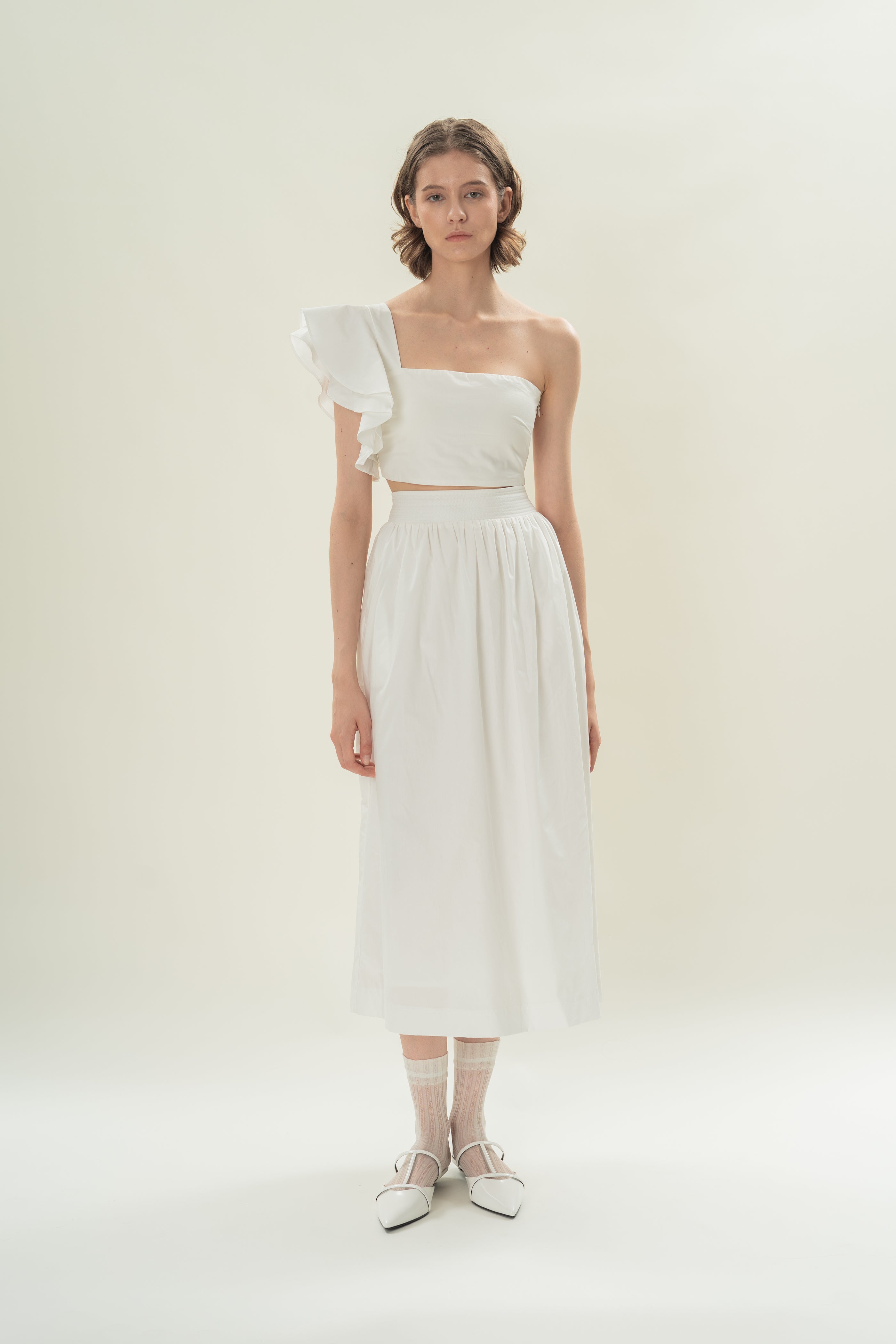 Toga Bustier Top With Ruffled Sleeve in White