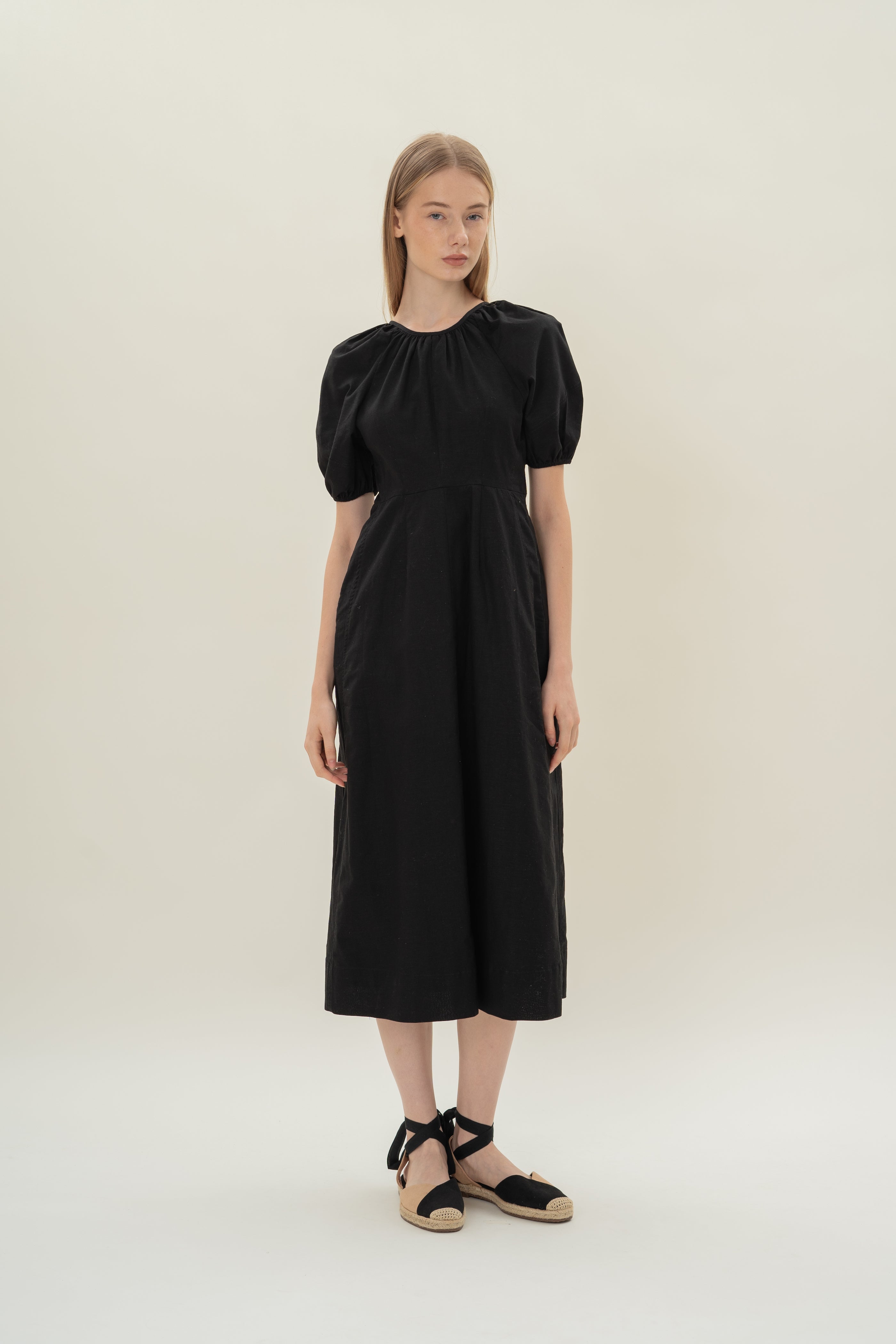 Linen Scoop Back Dress in Black