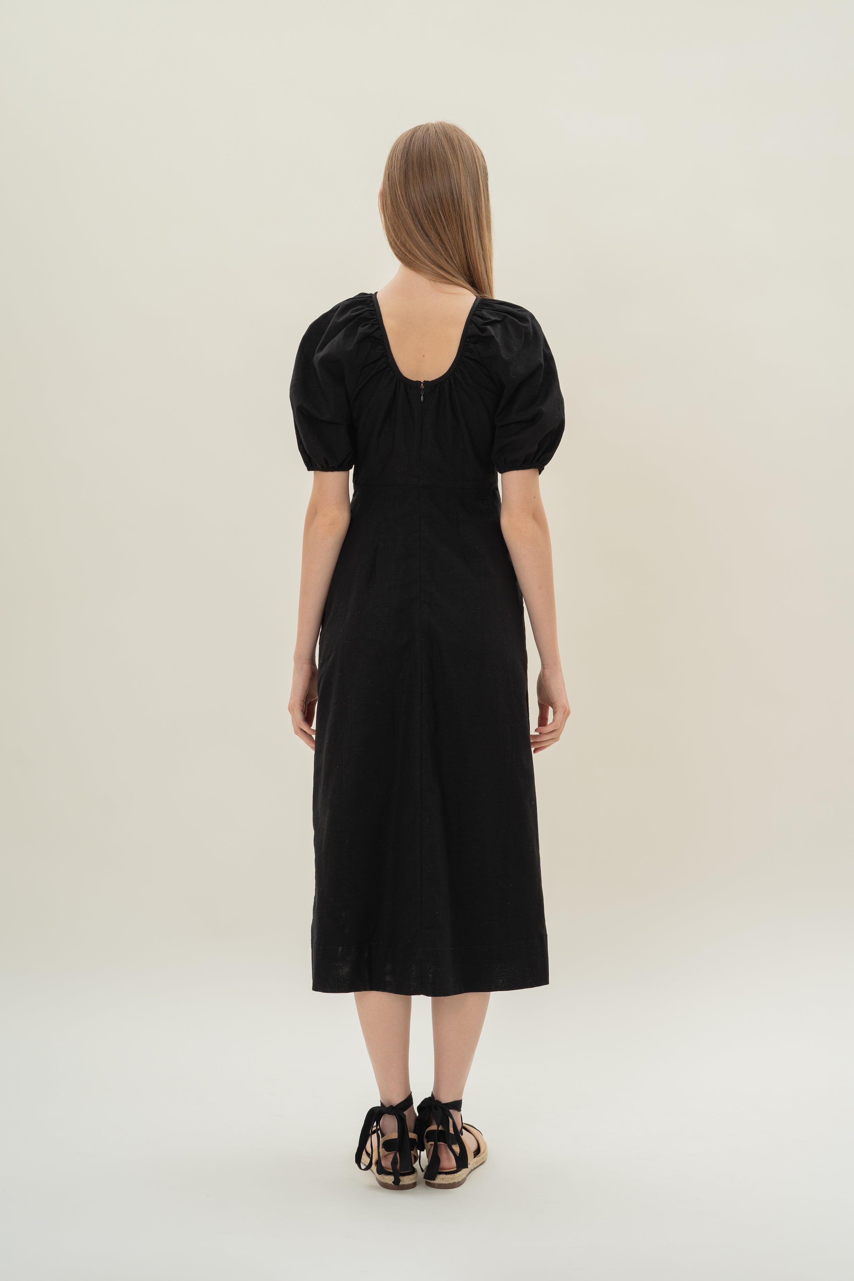 Linen Scoop Back Dress in Black