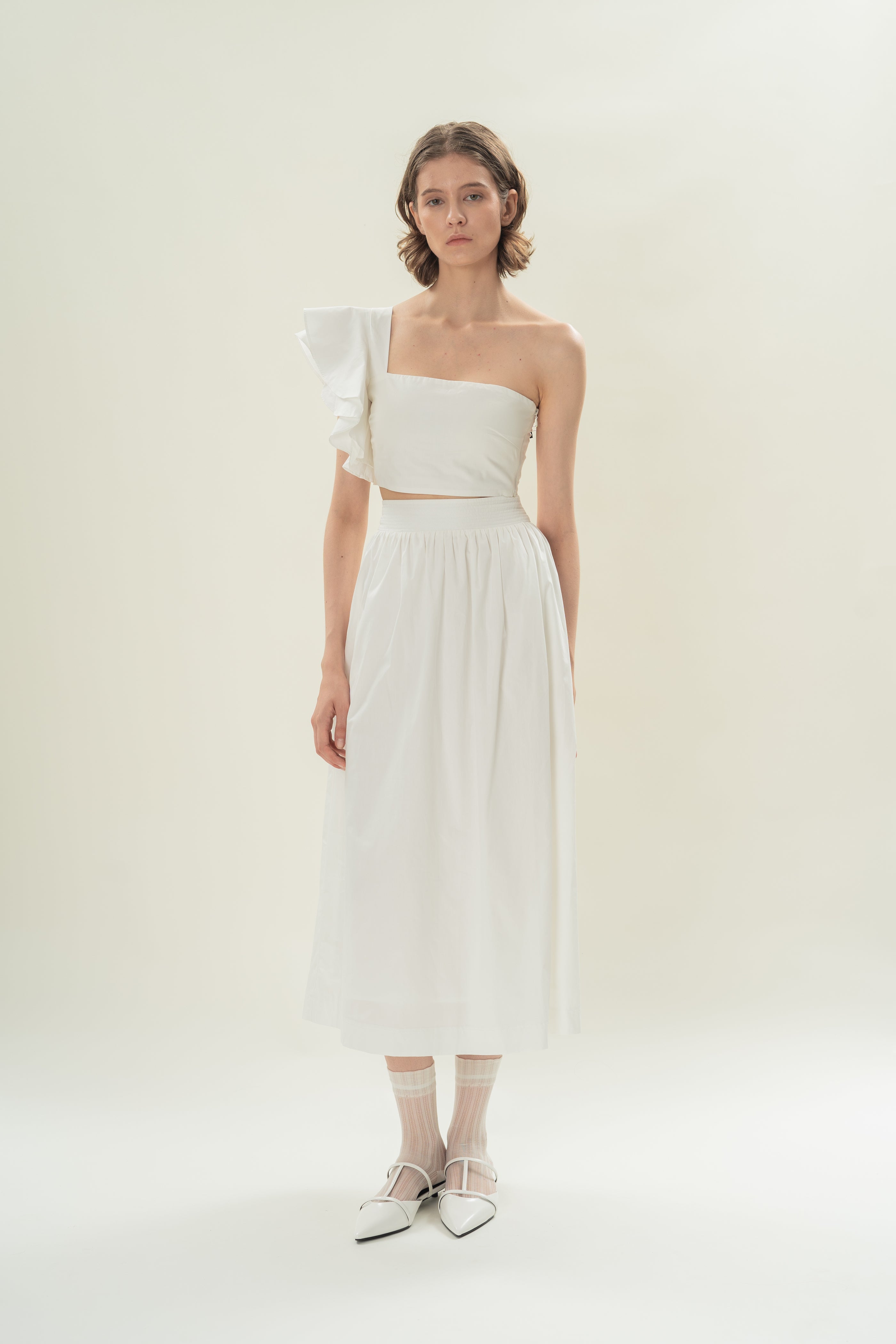 Toga Bustier Top With Ruffled Sleeve in White