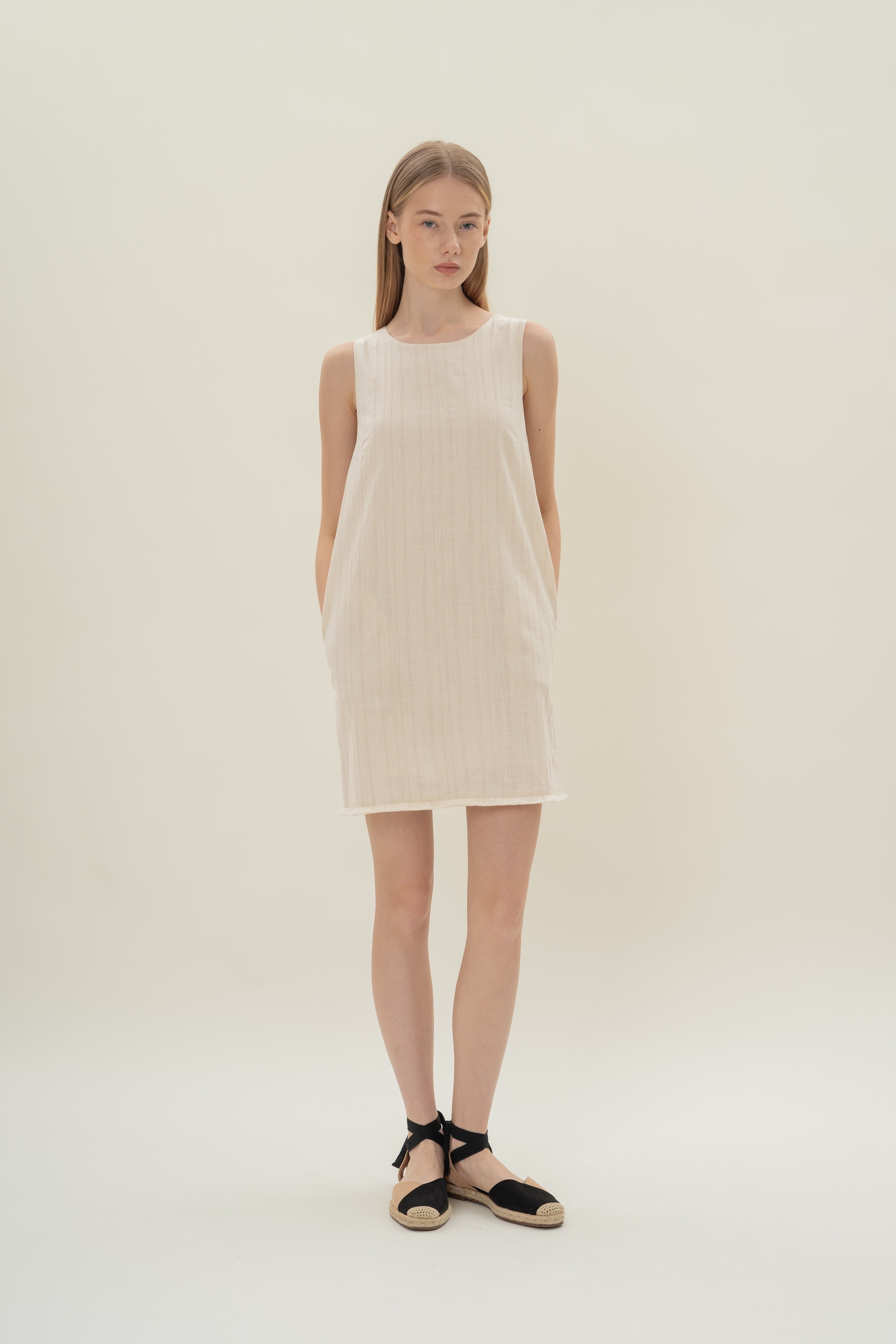 Frilled Hem Shift Mini Dress in Natural
