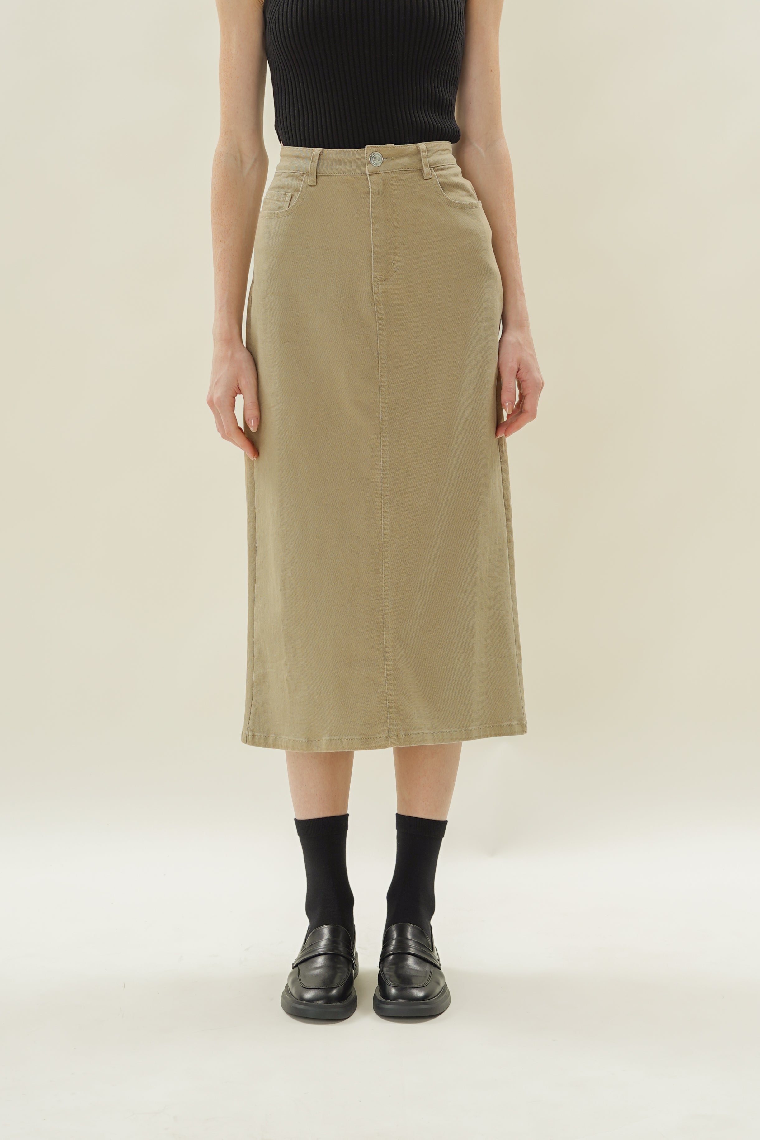 Cotton Twill Straight Midi Skirt in Khaki