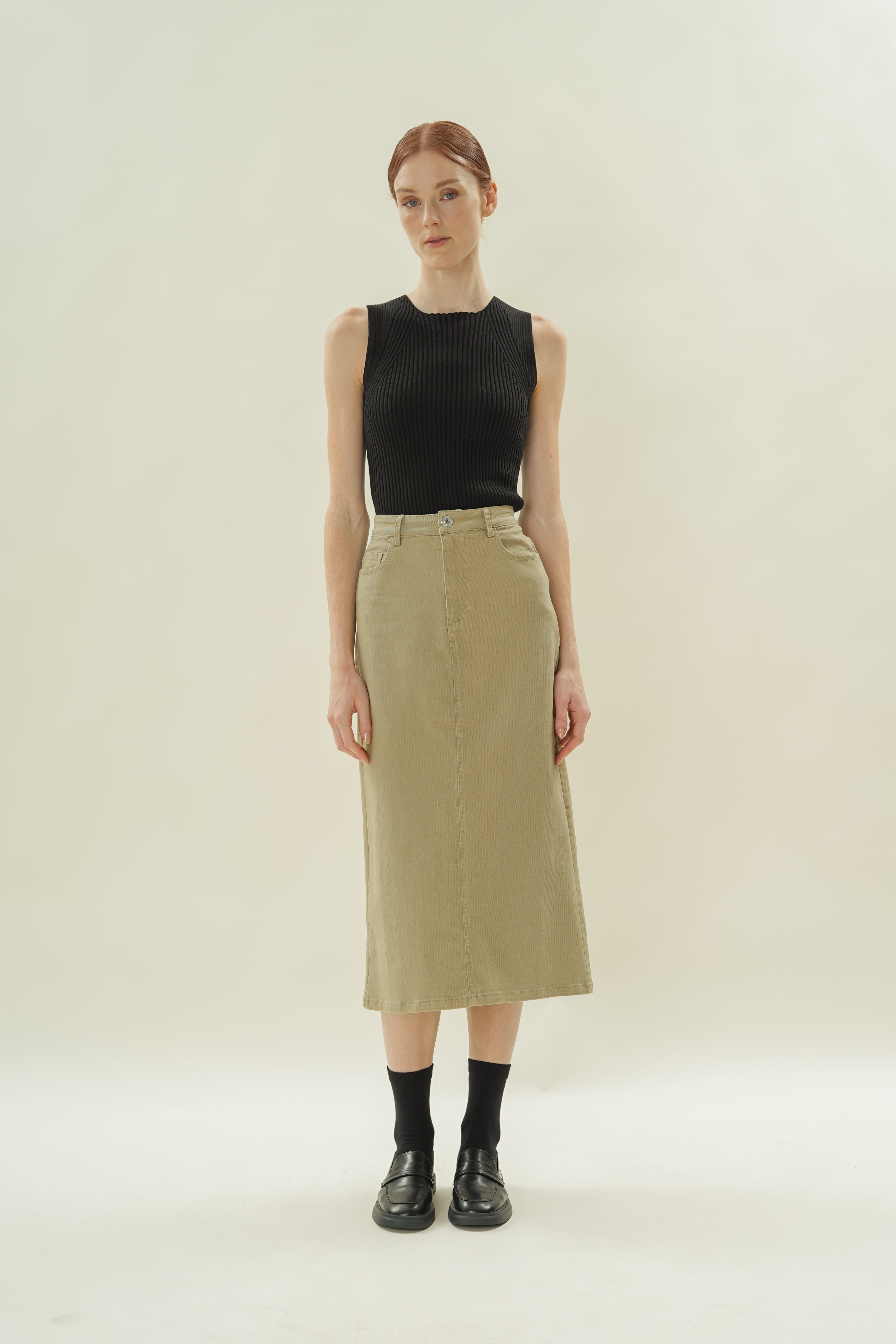 Cotton Twill Straight Midi Skirt in Khaki