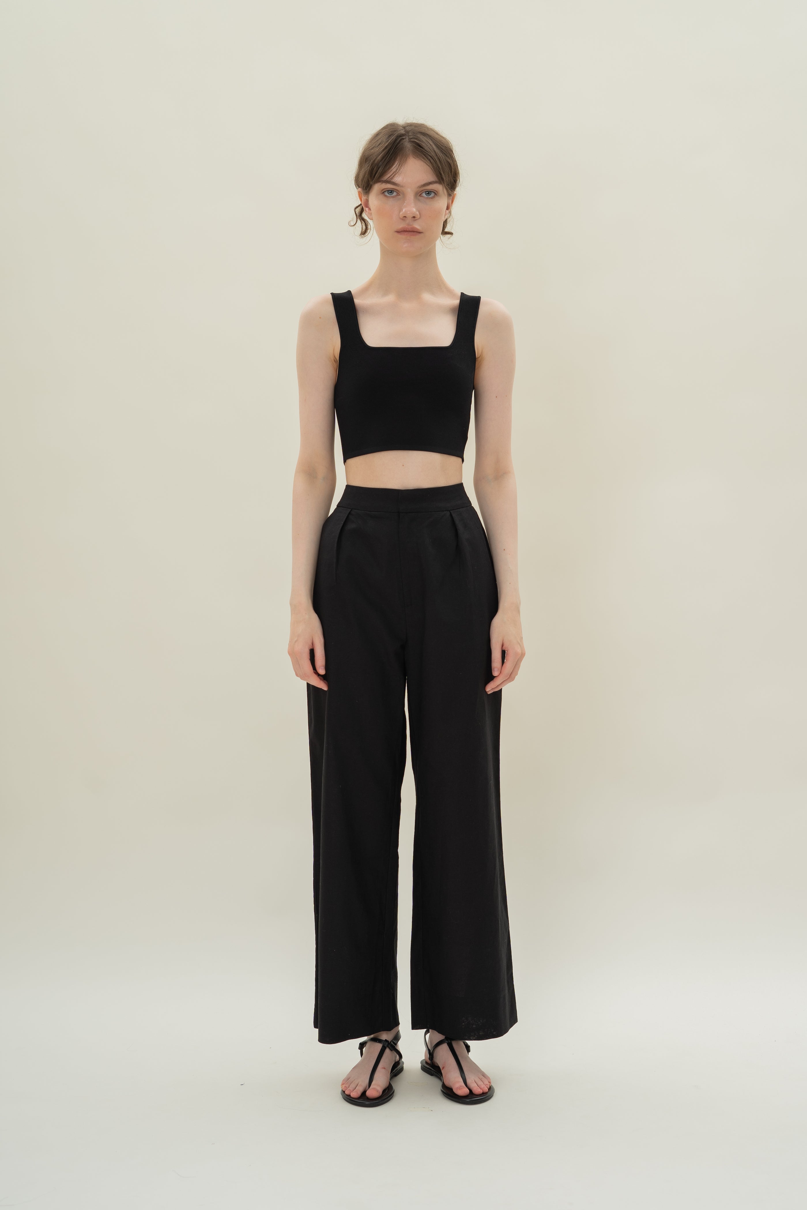 Textured Linen Trousers in Black