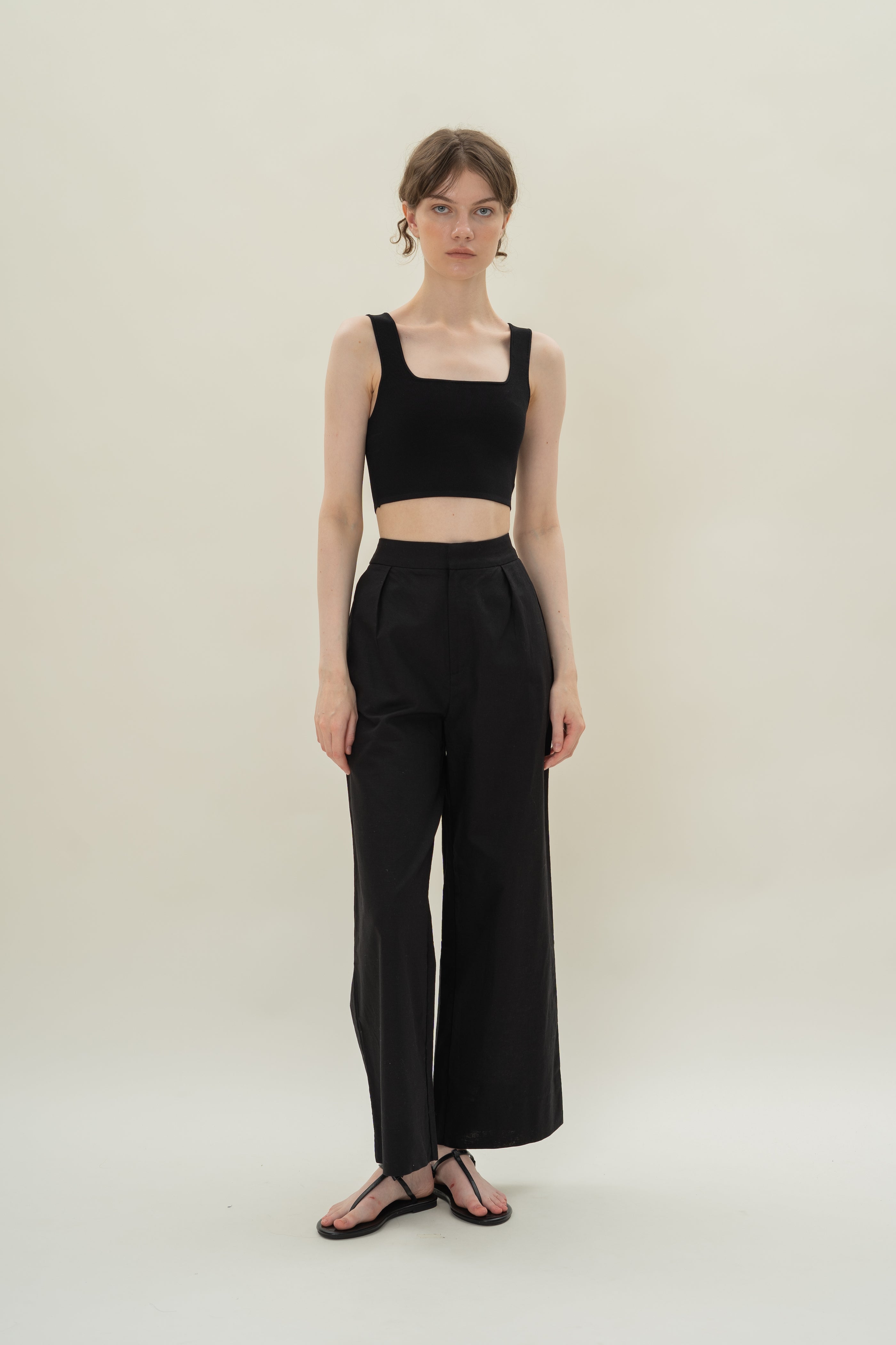 Textured Linen Trousers in Black