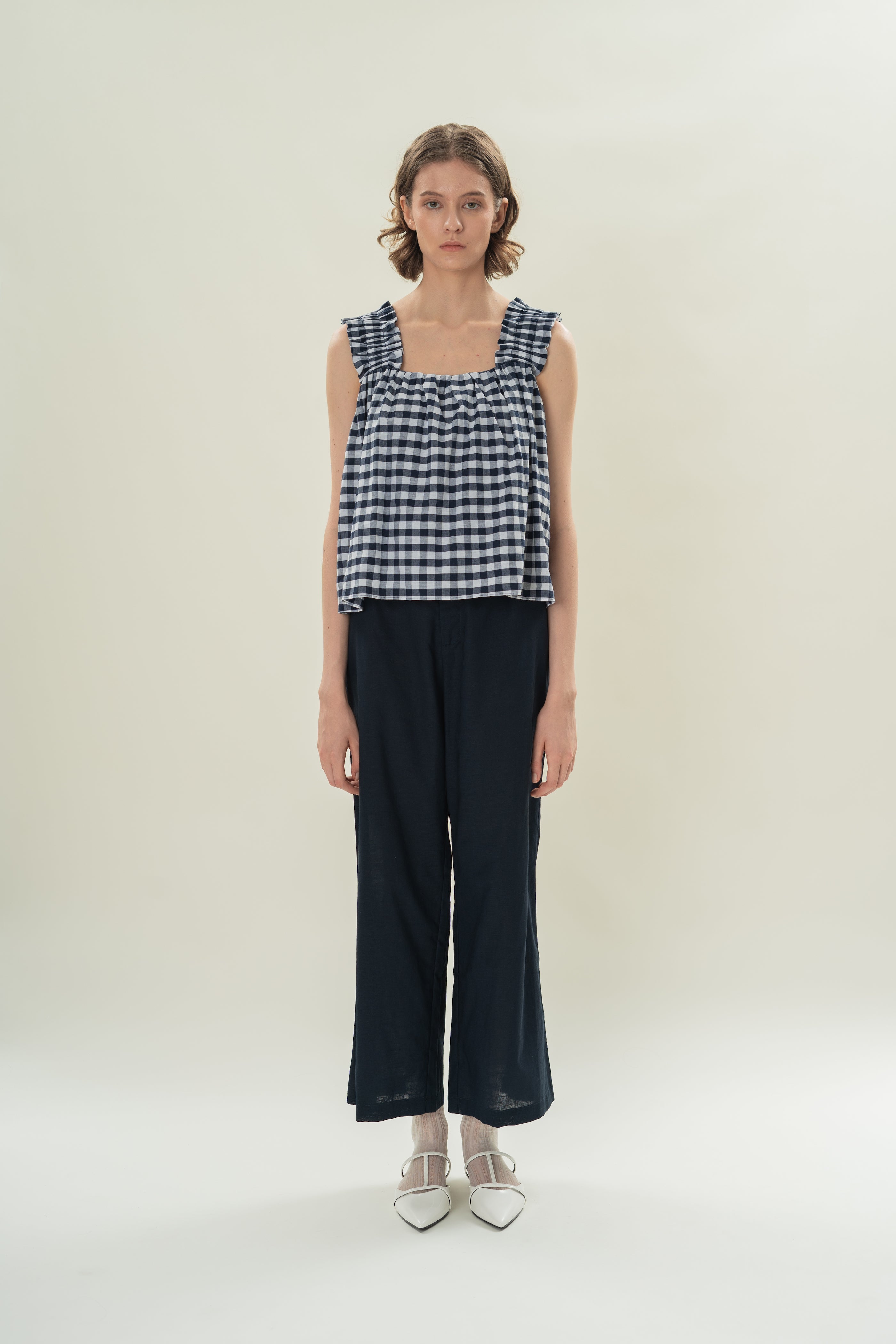 Flared Square Neck Top in Navy Gingham